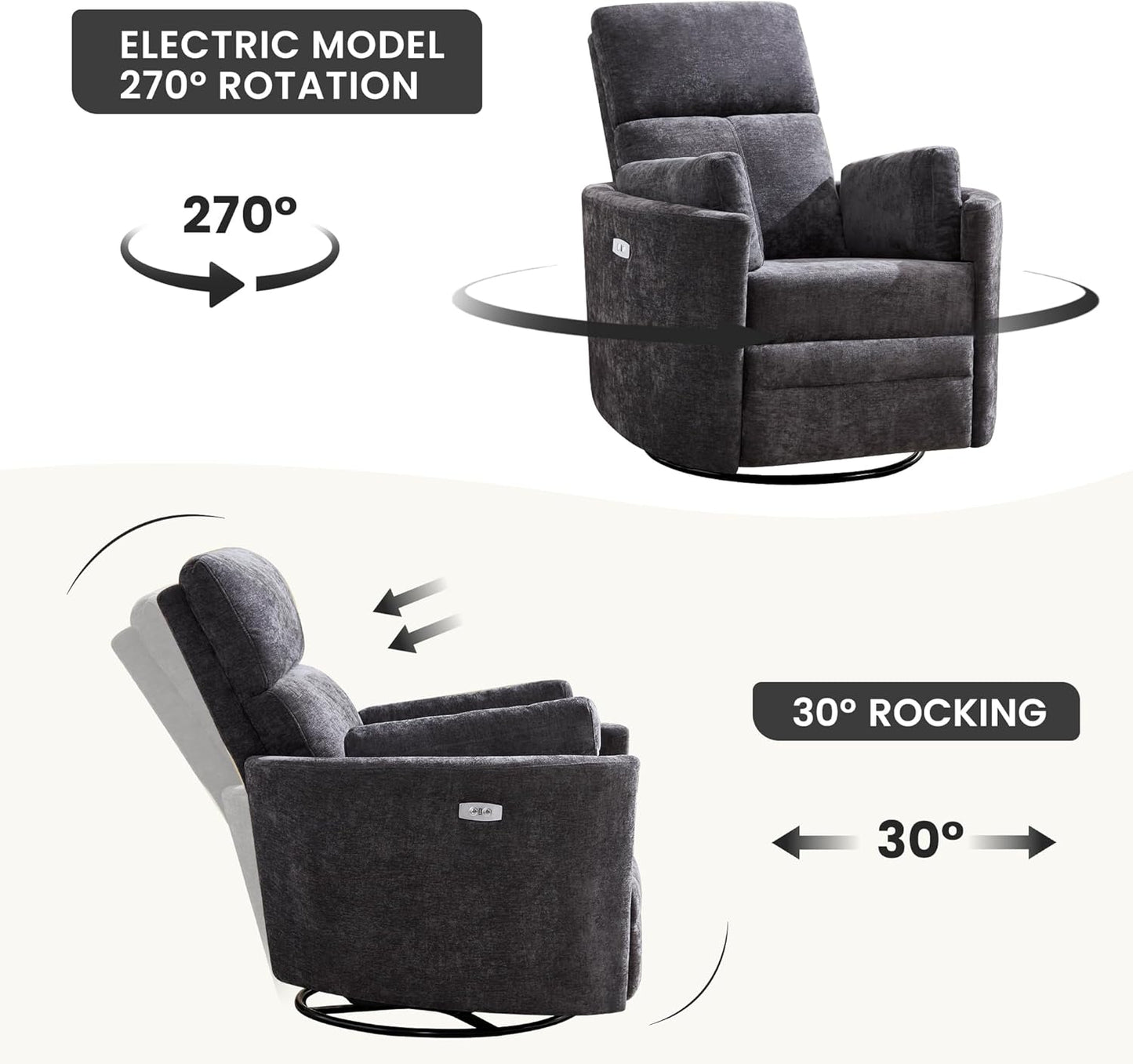 Recliner Swivel Glider Electric Rocking Chair with USB Port,Upholstered High Back Nursery Rocking Chair,Adult Power Recliner Chair with 2 Pillows for Living Room Bedroom(DRAK Grey, Power-Driven)