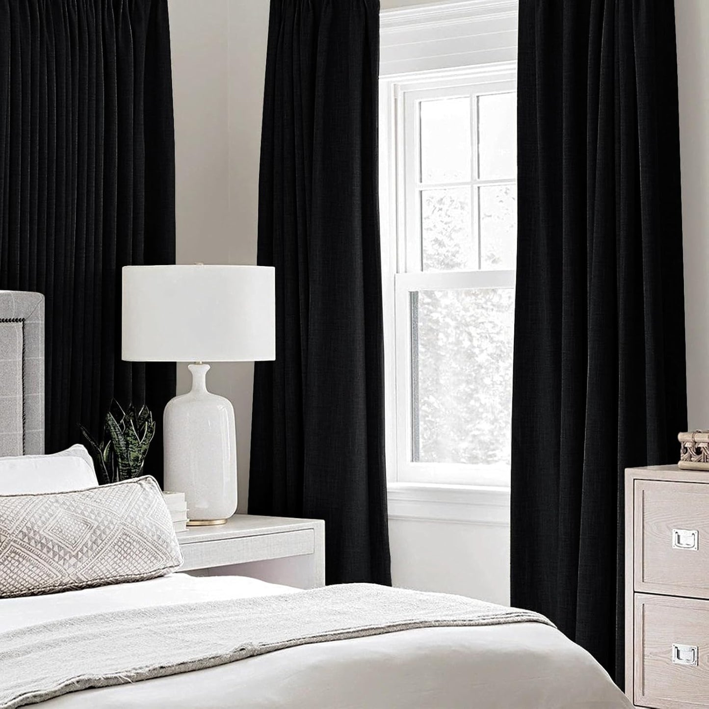 MIULEE Linen Texture Curtains for Bedroom Solid 100% Blackout Thermal Insulated Halloween Black Curtains Grommet Room Darkening Drapes for Living Room Nursery 52x96 Inch (2 Panels)