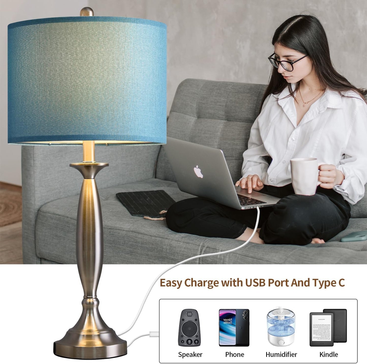 Oneach 27" Modern Table Lamps Set of 2 for Living Room Bedroom with USB A+C Charging Port,Brushed Steel Bedside Lamps for Night Stands,Fabric Drum Shade Nightstand Lamp Light for End Tables Home