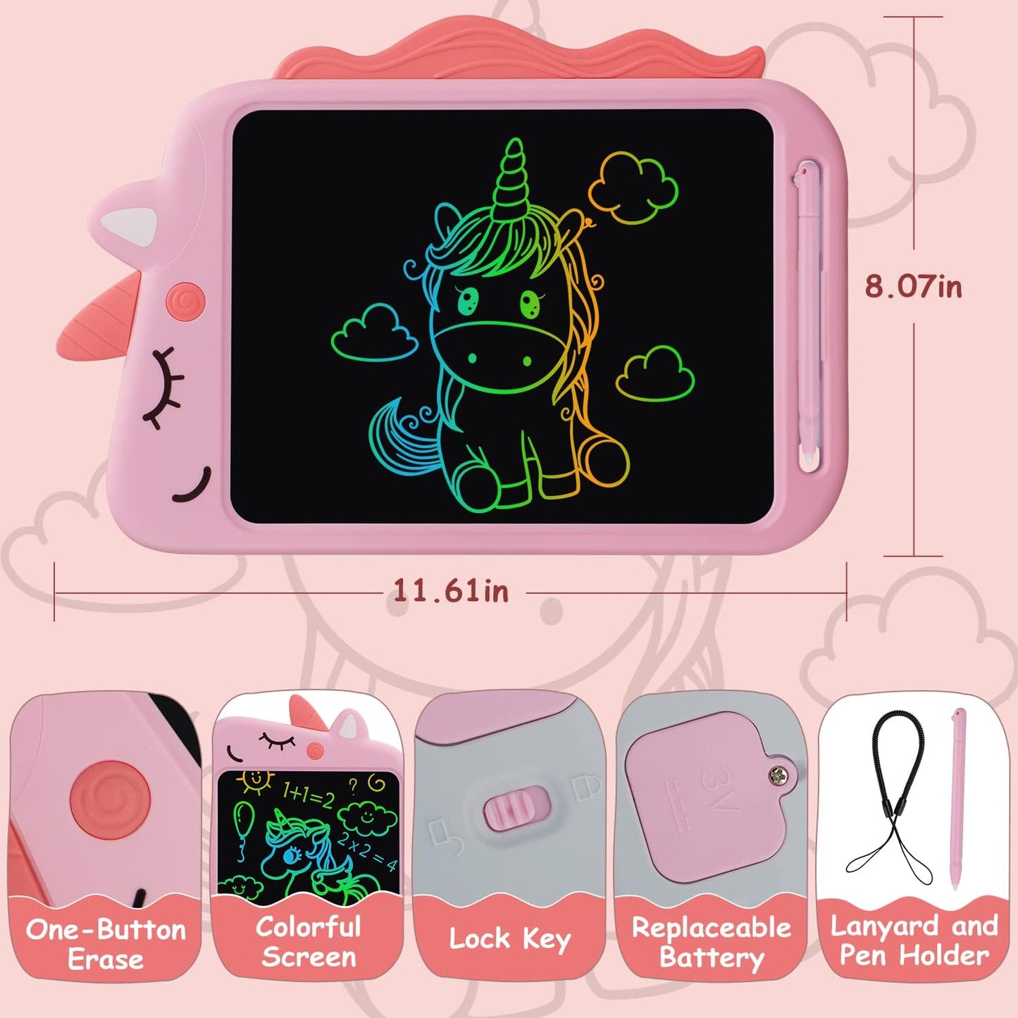 LCD Writing Tablet for Kids, 10 Inch Colorful Drawing Board, Learning Educational Toddler Toys Gifts for Kids, Drawing Tablet Gift for Boys Girls 3 4 5 6 7 8 Years Old (Pink-Unicorn)
