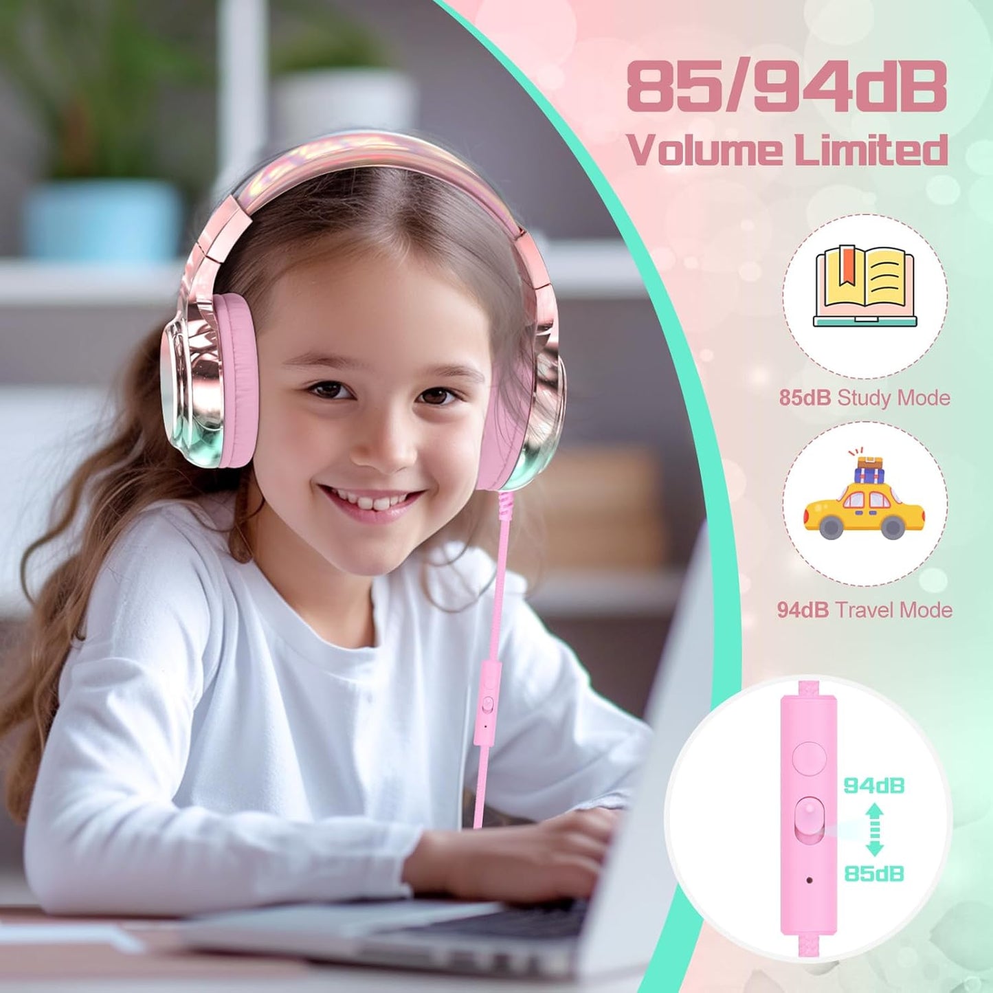 QearFun Kids Headphones Wired with Mic, 85/94dB Safe Volume Limit, Foldable Over Ear, Tangle-Free Cord & Sharing Port, Wired On-Ear Headset for School, Chromebook, Tablet, Travel - Boys & Girls