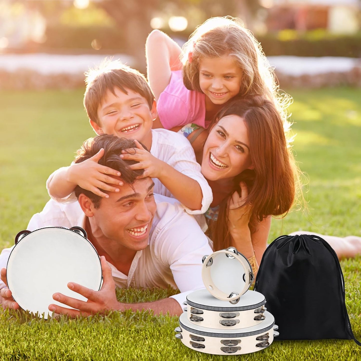 Wooden Hand Held Percussion Tambourine with Storage Bag - 6+8+10 Inches, Ideal for Church, Wedding, Party, Dance, Photo Shoot