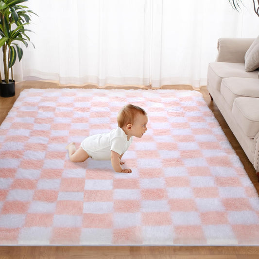Super Soft Rug for Bedroom, Pink and White Area Rug Classic Checkered Shaggy Anti-Skid High Pile Soft Fluffy Rug Fuzzy Carpet for Living Room Bedroom Kids Room Nursery, Dorm Home Decor