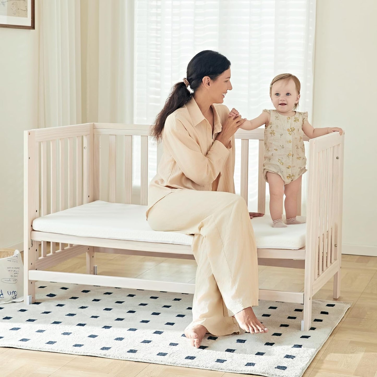 EvoNest Baby Crib, 11 in 1 Convertible Mini Crib with Wheels, 100% New Zealand Wood Growing Bed, 4 Adjustable Mattress Height,Washed Natural