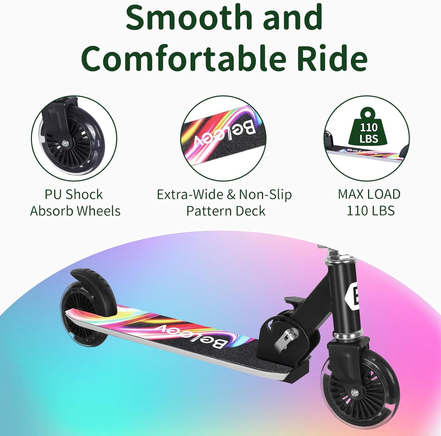 BELEEV V2 Scooters for Kids with Light-Up Wheels & Stem & Deck, 2 Wheel Folding Scooter for Girls Boys, 3 Adjustable Height, Non-Slip Pattern Deck, Lightweight Kick Scooter for Children Ages 3-12