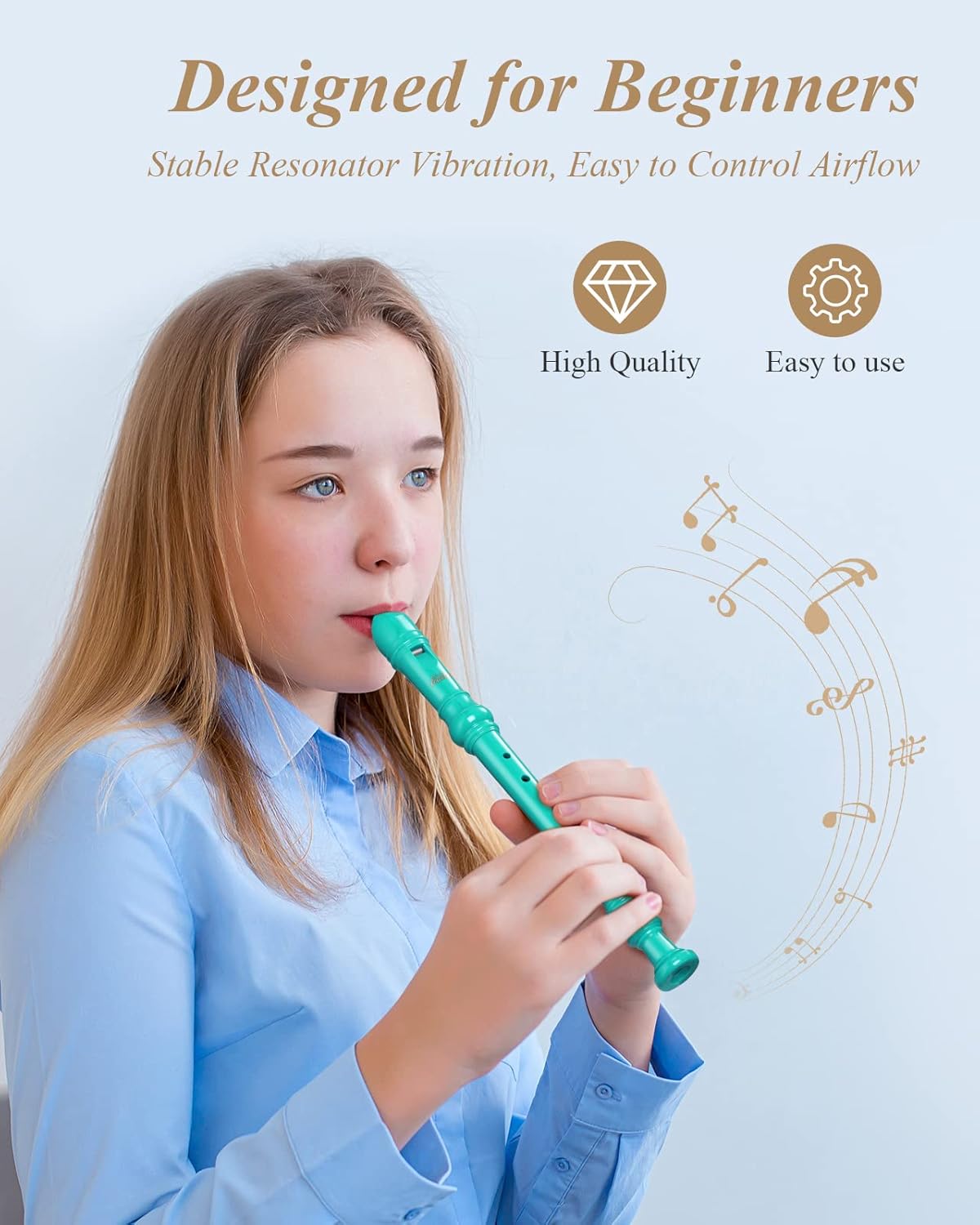 Eastar Soprano Recorder Instrument for Kids Beginner, German Fingering C Key 3 Piece with Cleaning Kit, Thumb Rest, Cotton Bag, Fingering Chart, ERS-21GSB, Sky Blue, School-Approved