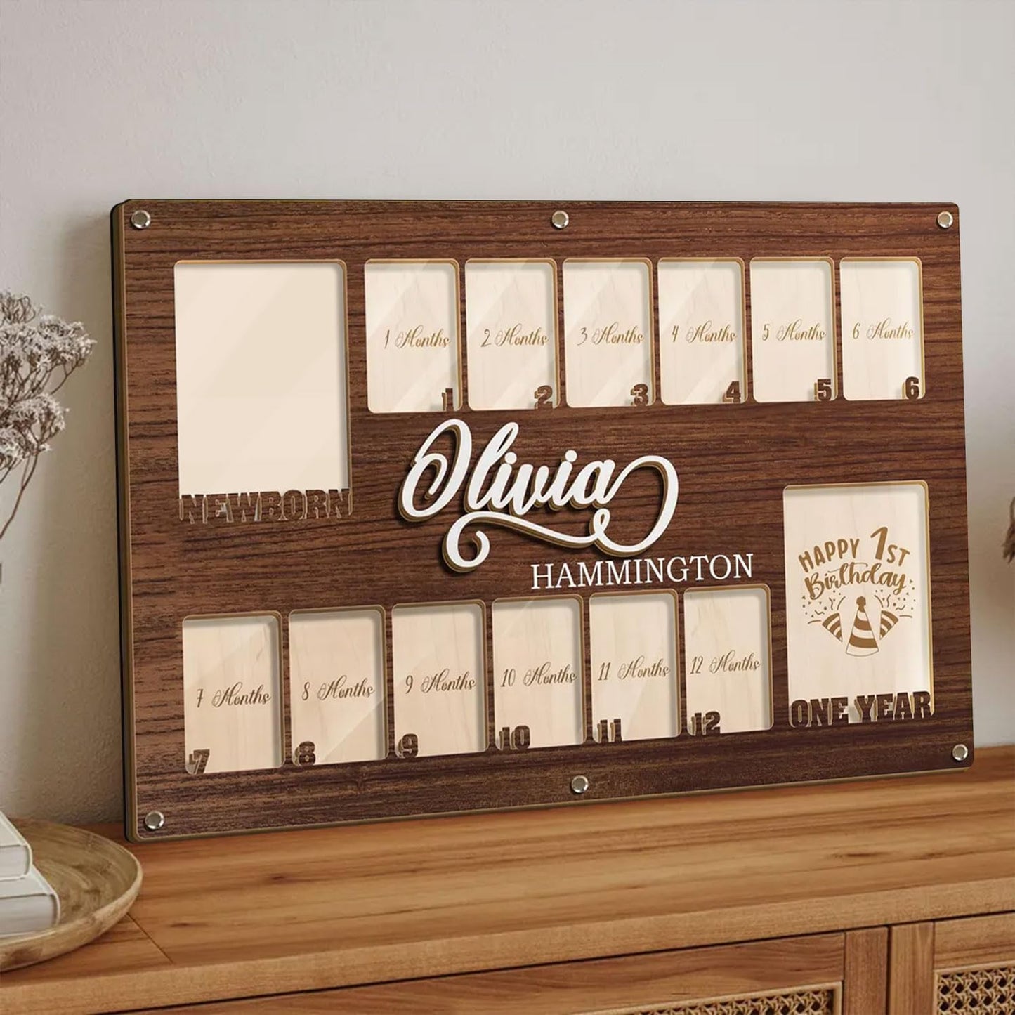 Personalized My First Year Photo Frame | 12 Months Picture Frame For Baby First Year | Displays Two 4x6 Photo and Twelve 2x3 Pictures | Birthday Party Decor Newborn Memory Keepsake, Design 08