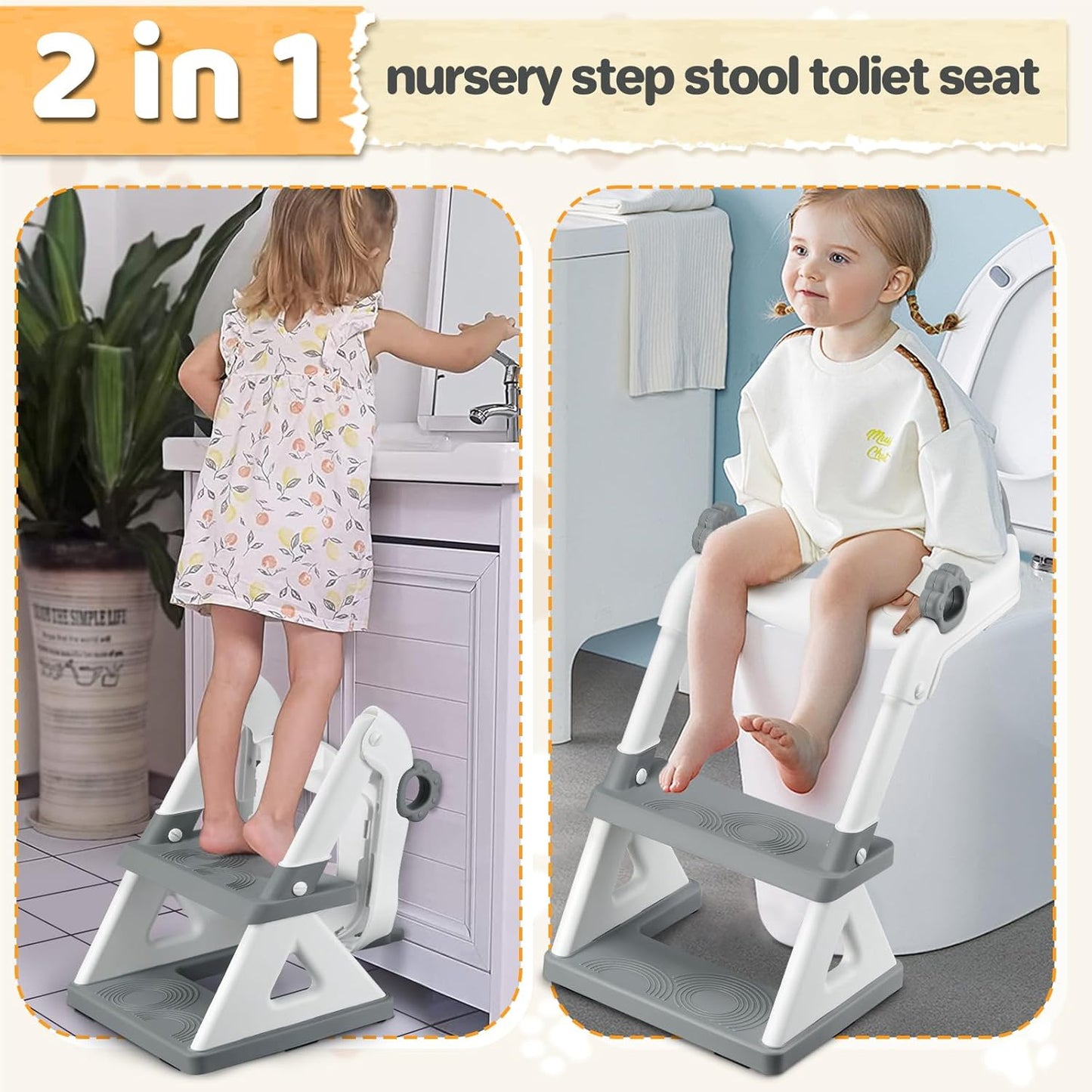 2 In 1 Potty Training Toilet Seat & Toddler Step Stool, Bottom Triangle Stability Toddler Toilet Seat, Adjustable Step & Seat Height Potty Seats (Grey)