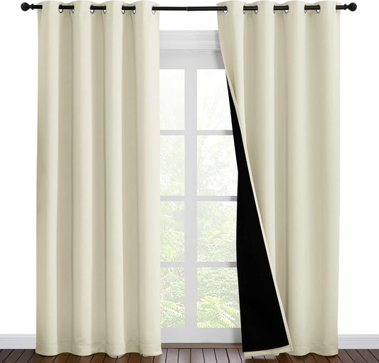 NICETOWN Living Room Completely Shaded Draperies, Privacy Protection & Noise Reducing Ring Top Drapes, Black Lined Insulated Window Treatment Curtain Panels (Beige, 2 Pieces, W55 x L86)