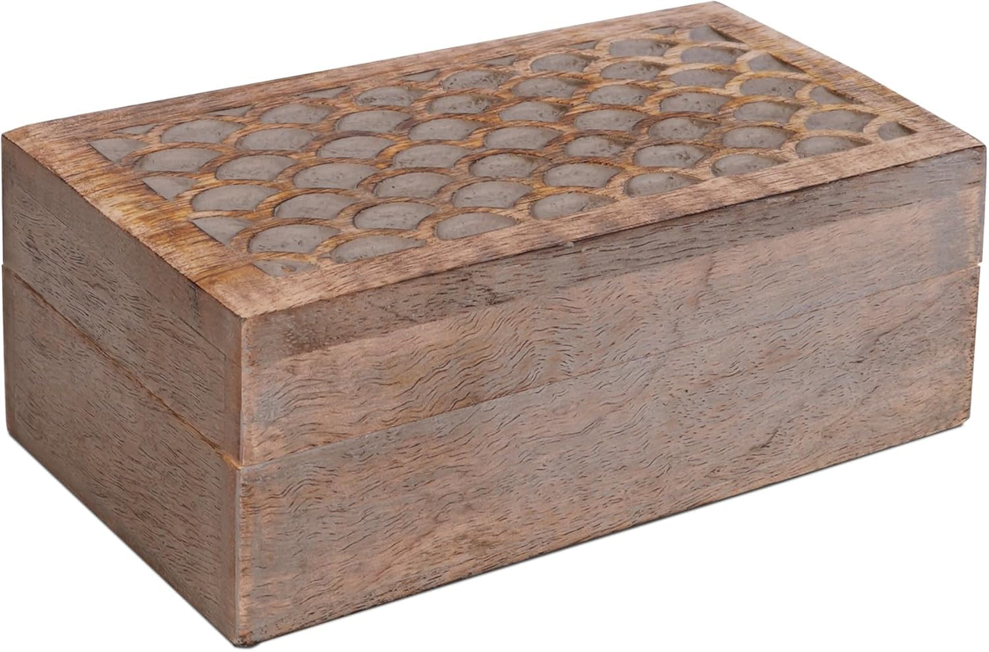 Scallop Wooden Box (Medium) - Light Burnt Over Grey Decorative Box with Lid w/Felt Pads Underneath & Wooden Carving - Unique Handmade Mangowood Keepsake Storage Box for Home - 7.5 x 4.5 x 3"