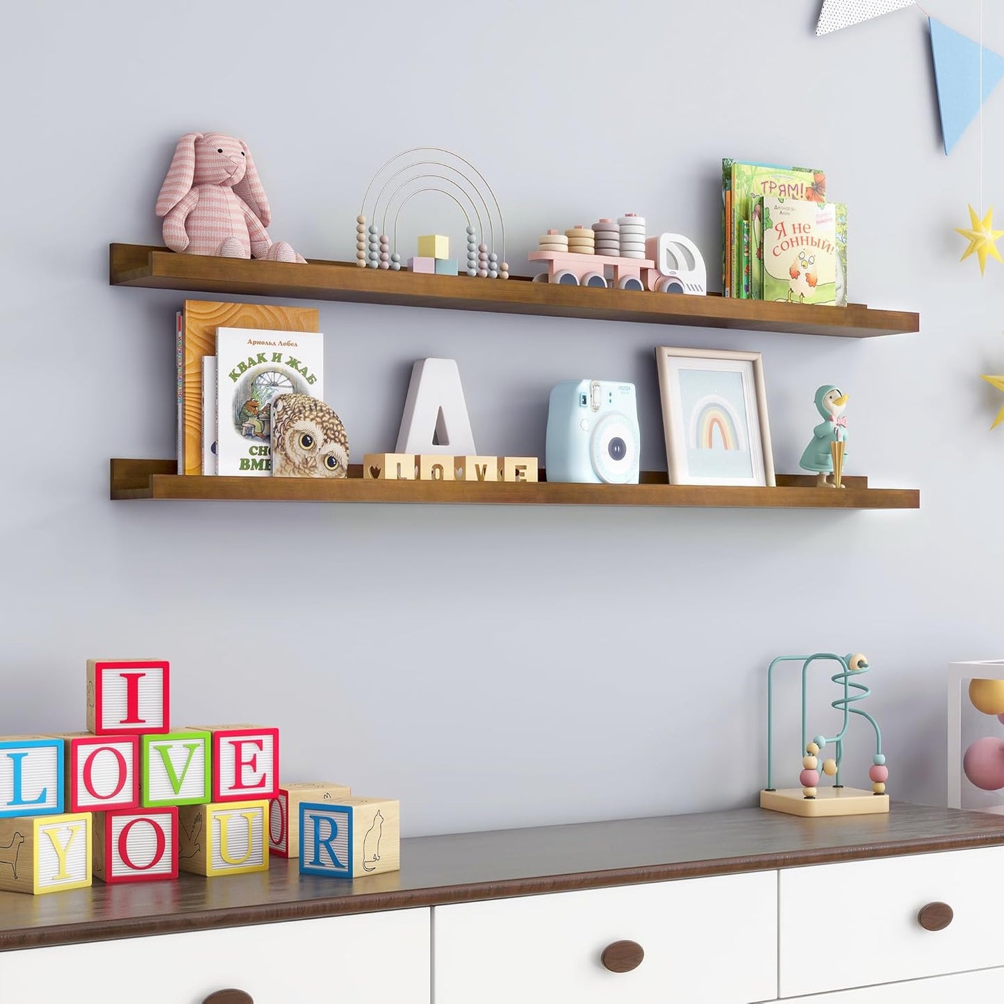 Picture Ledge Wall Shelves 48 inch Width Set of 2, Solid Pine Wood Rustic Floating Ledge Shelves for Wall for Kids' Room Bedroom Kitchen Bathroom Living Room Nursery Display Wall Decor, Walnut