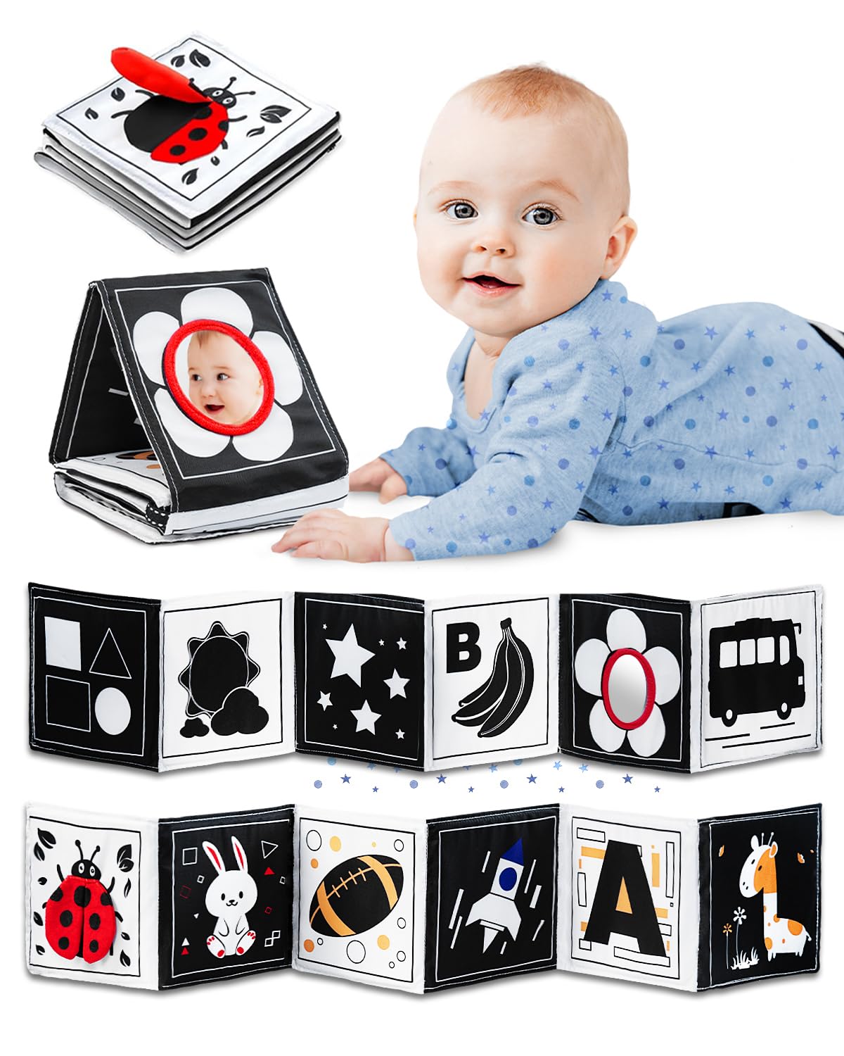 Infinno High Contrast Baby Toys for Newborn, Tummy Time Mirror Black and White Toys for 0-6 Months, Visual Sensory for Infant 0-3-6 Months, Newborn Baby Registry Essential Stuffers