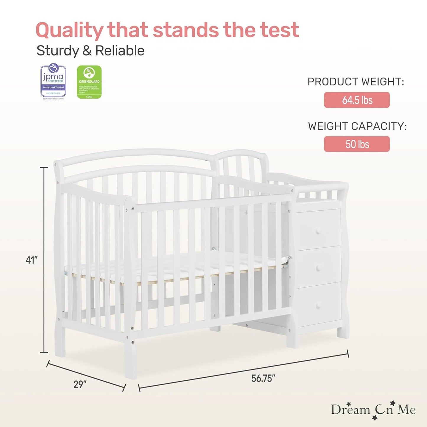 Dream On Me Casco 3-in-1 Mini Convertible Baby Crib & Changer with Storage in White, Pinewood, GreenGuard Gold & JPMA, 1” Mattress Pad, 3 Mattress Heights, Converts to Mini Day & Twin-Size Bed