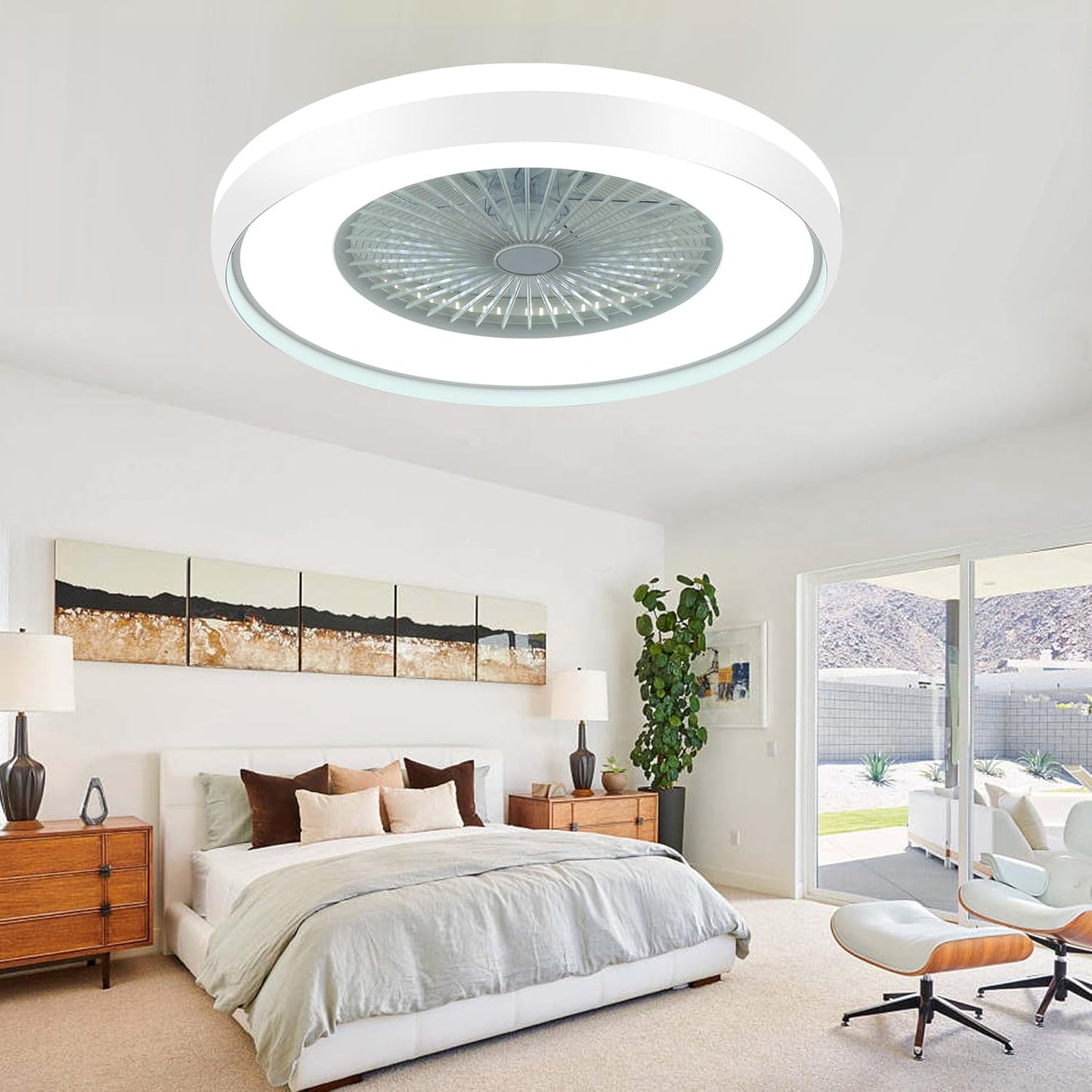 24" Bladeless Ceiling Fan with Light Remote, Smart LED Ceiling Fans with App Control, Modern Low Profile Dimmable Light Ceiling Fan for Bedroom Living Room White