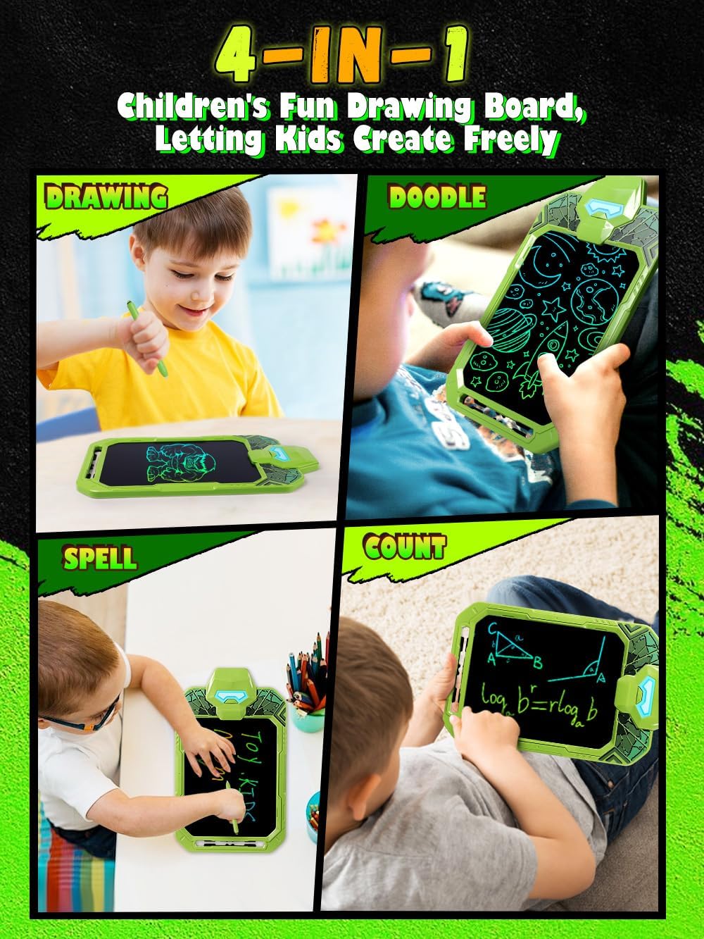 LCD Writing Tablet for Kids 10 Inch Green Giant Power Hero for Toddler 3 4 5 6 - Paint, Doodle Board, Drawing Pad - Travel Toys, Road Trip Car Activities, Birthday Christmas Gift Boys & Man
