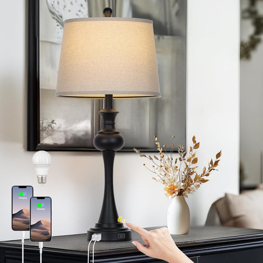 28.75'' Modern Black Metal Table Lamps Living Room Lamp for Nightstand Bedside End Lamp Home Decor Touch Lamp Modern Lamps with USB A+C Ports & Outlets （Bulb Included）