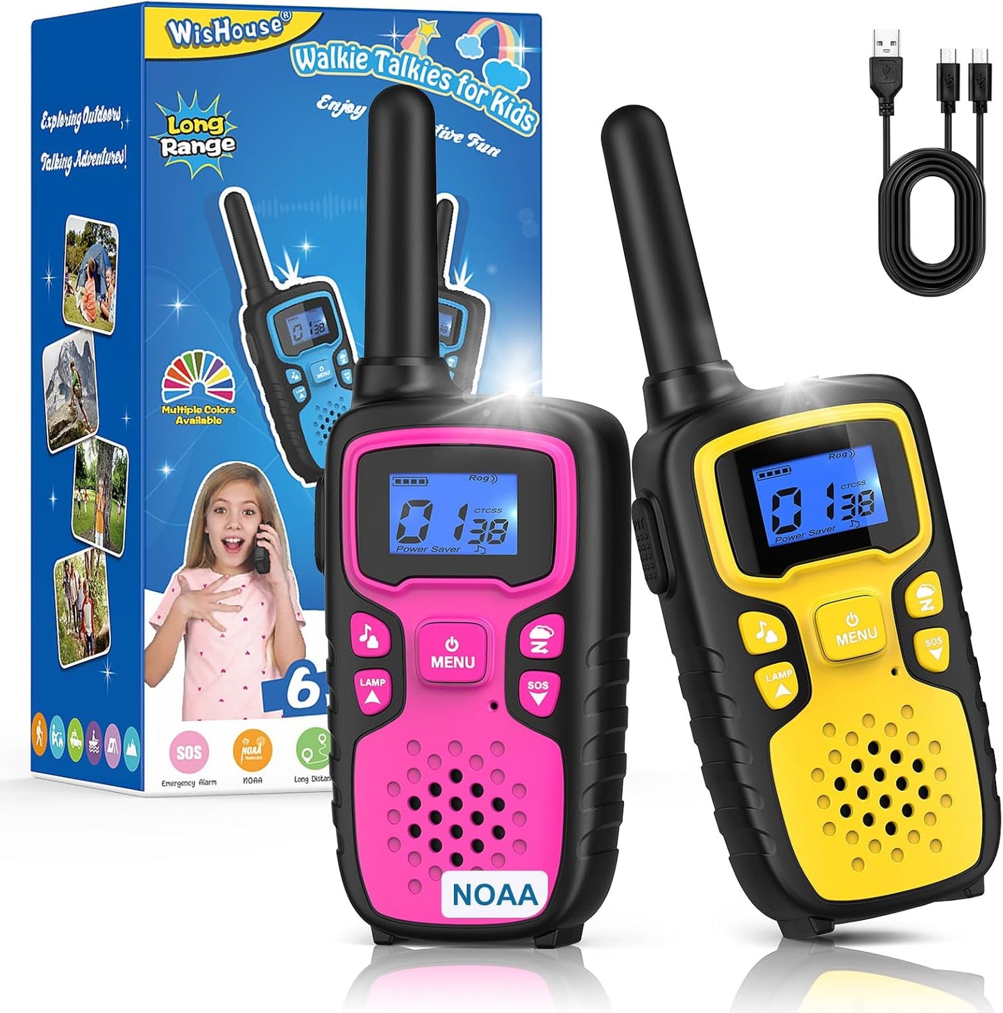 Wishouse Walkie Talkies for Kids Rechargeable Long Range,Xmas Birthday Gift for 4 5 6 7 8 9 Year Old Boys Girls,Hiking Gear Camping Games Cool Toys with NOAA,SOS Siren,Lamp,Lanyards,2 Pack Pink Yellow