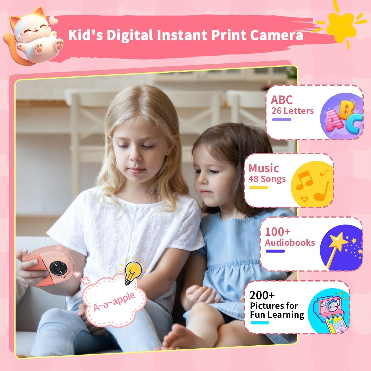 Rongta Kids Camera Instant Print, 1080P Kids Instant Cameras That Print Photos, Christmas Birthday Gifts for Girls Age 3-12, Video Camera Portable Toy for 3 4 5 6 7 8 9 10 Year Old Kids Girls(Pink)