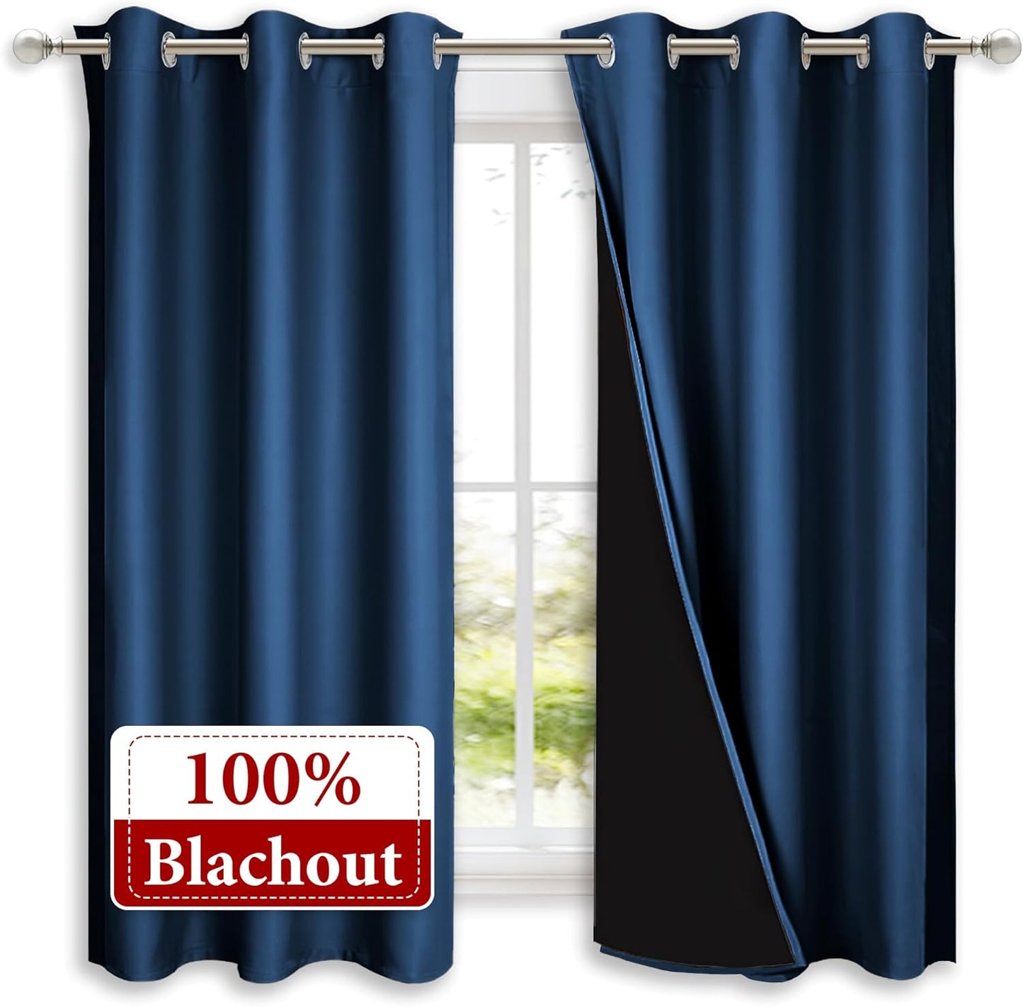 NICETOWN 100% Blackout Curtains with Black Liners, Solid Thermal Insulated Full Blackout 2-Layer Lined Drapes, Energy Efficiency Window Draperies for Bedroom (2 Panels, 42" W by 63" L, Moroccan Blue)