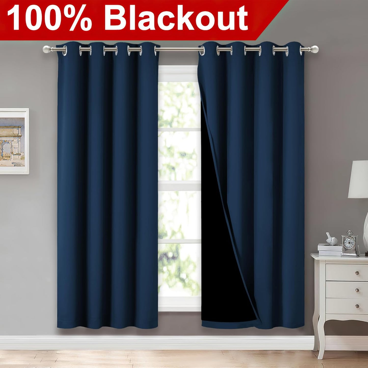 NICETOWN Moroccan Blue Full Shade Curtain Panels, Pair of Energy Smart & Noise Blocking Out Blackout Drapes for Dining Room Window, Thermal Insulated Guest Room Lined Window Dressing(52 x 72 inch)