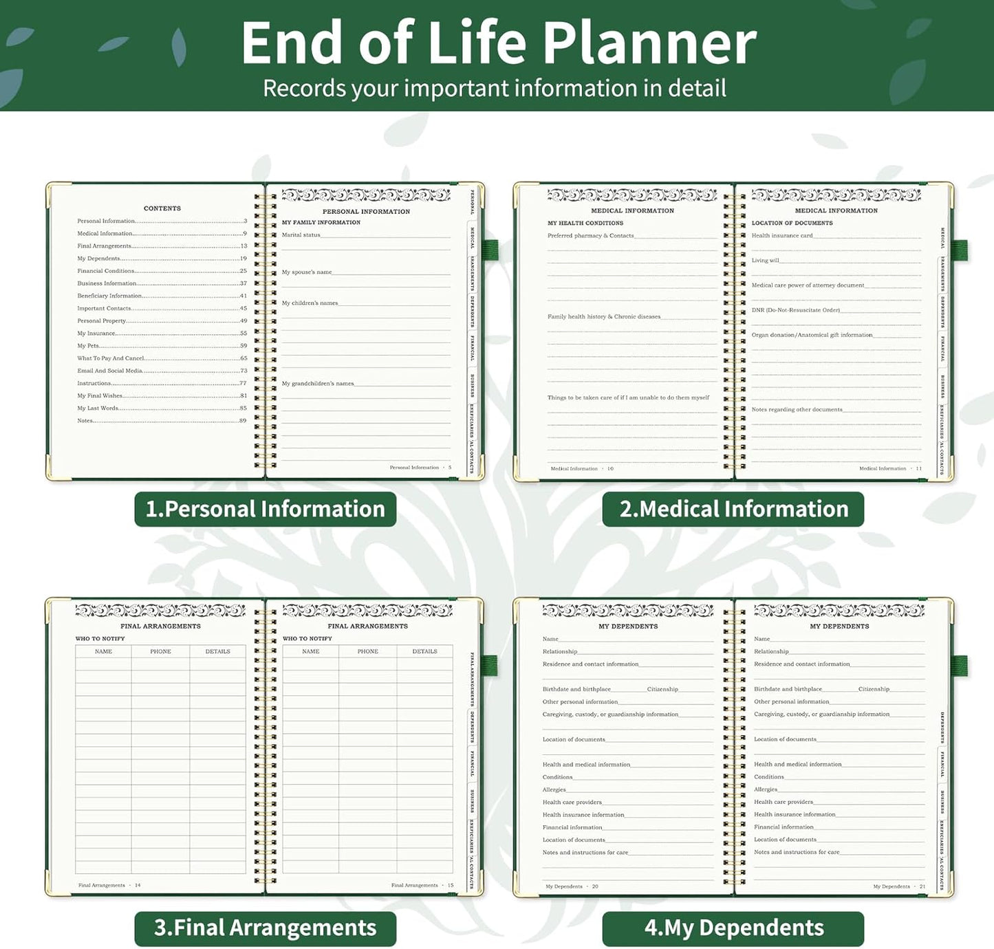 End of Life Planner, Spiral Estate Planning Organizer with Tabs for Senior, I'm Dead Now What Planner for Final Arrangements & Important Affairs with Large Print, 7.9"x10.4", Green