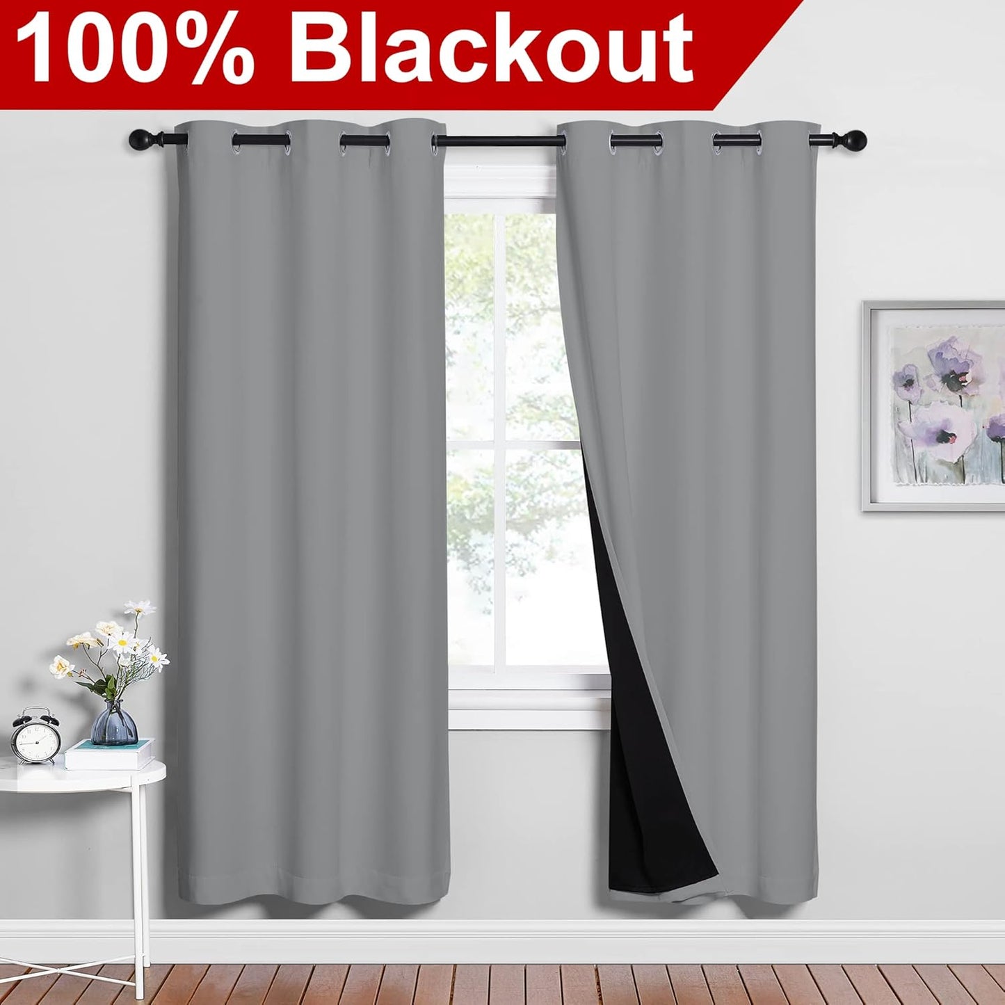 NICETOWN Full Shade Curtain Panels, Pair of Energy Smart & Noise Blocking Out Blackout Drapes for Dining Room Window, Thermal Insulated Guest Room Lined Window Dressing(Silver Grey, 42 x 72 inch)