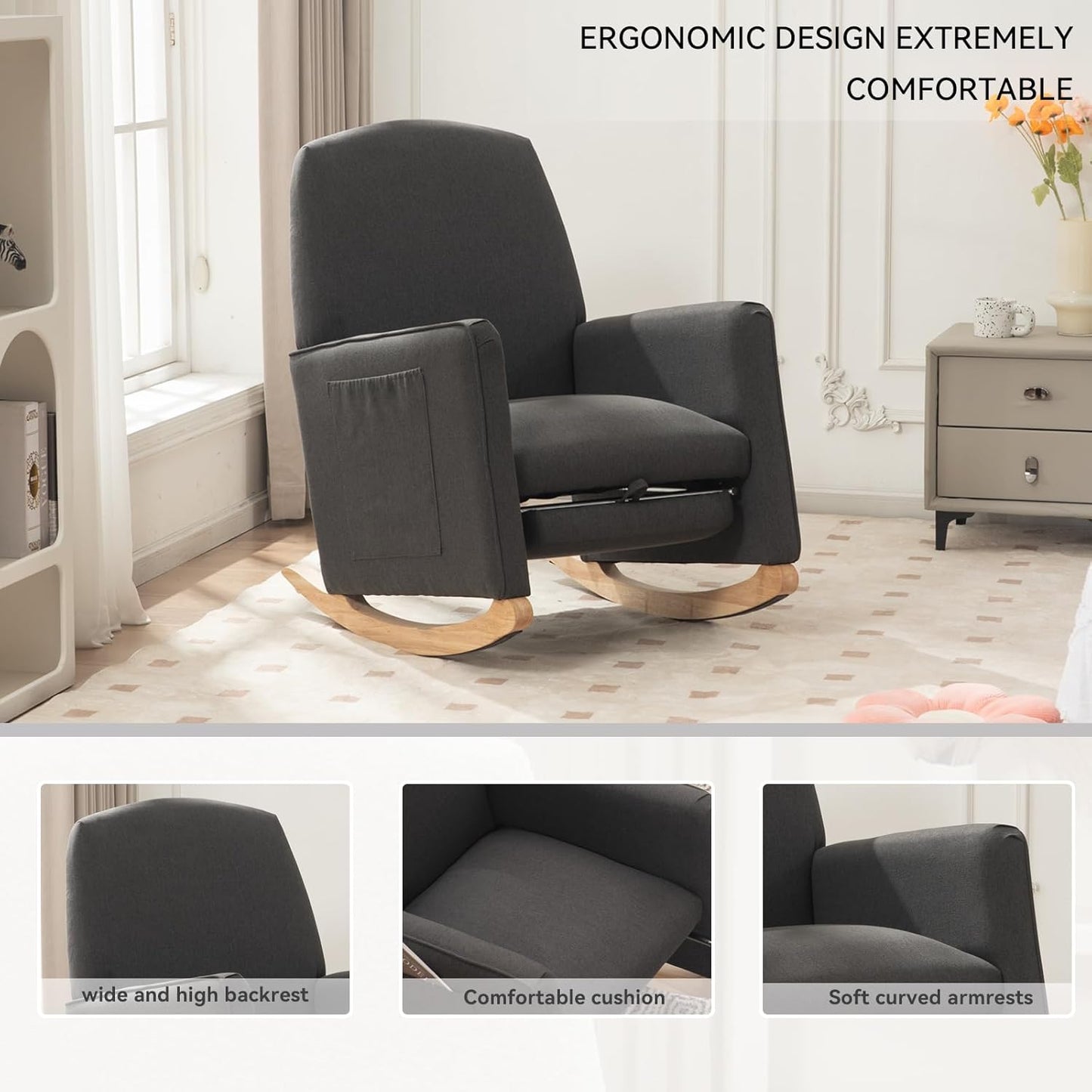 FOXHUNTER Rocking Chair Nursery with Adjustable Footrest and High Backrest, Upholstered Glider Chairs with Side Pockets for Nursery, Rocker Armchair Indoor for Living Room, Dark Gray