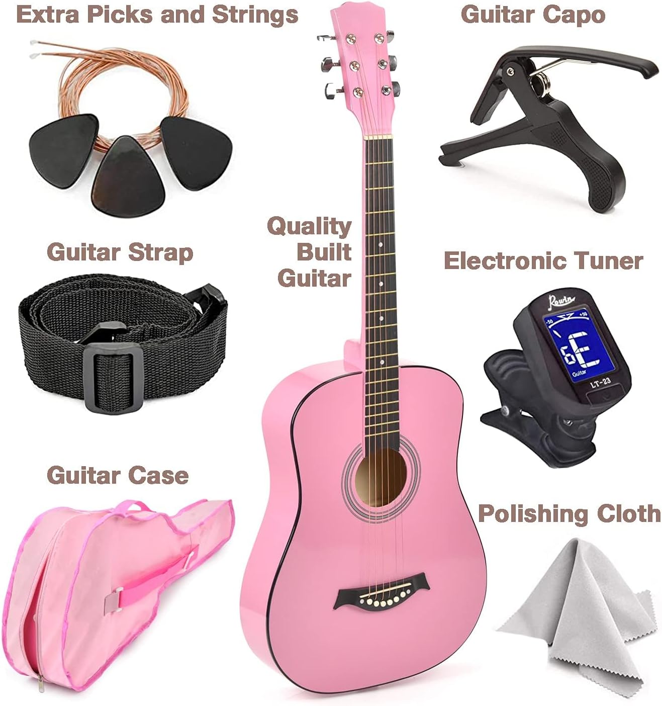 Classical Acoustic Guitar For Kids By MasterPlay- 30” Beginner Guitar For Learners- Accoustic String Starter Kit: Guitar Bag, Tuner, Strap, Extra Strings, Picks, Wash Cloth, Capo (Pink)