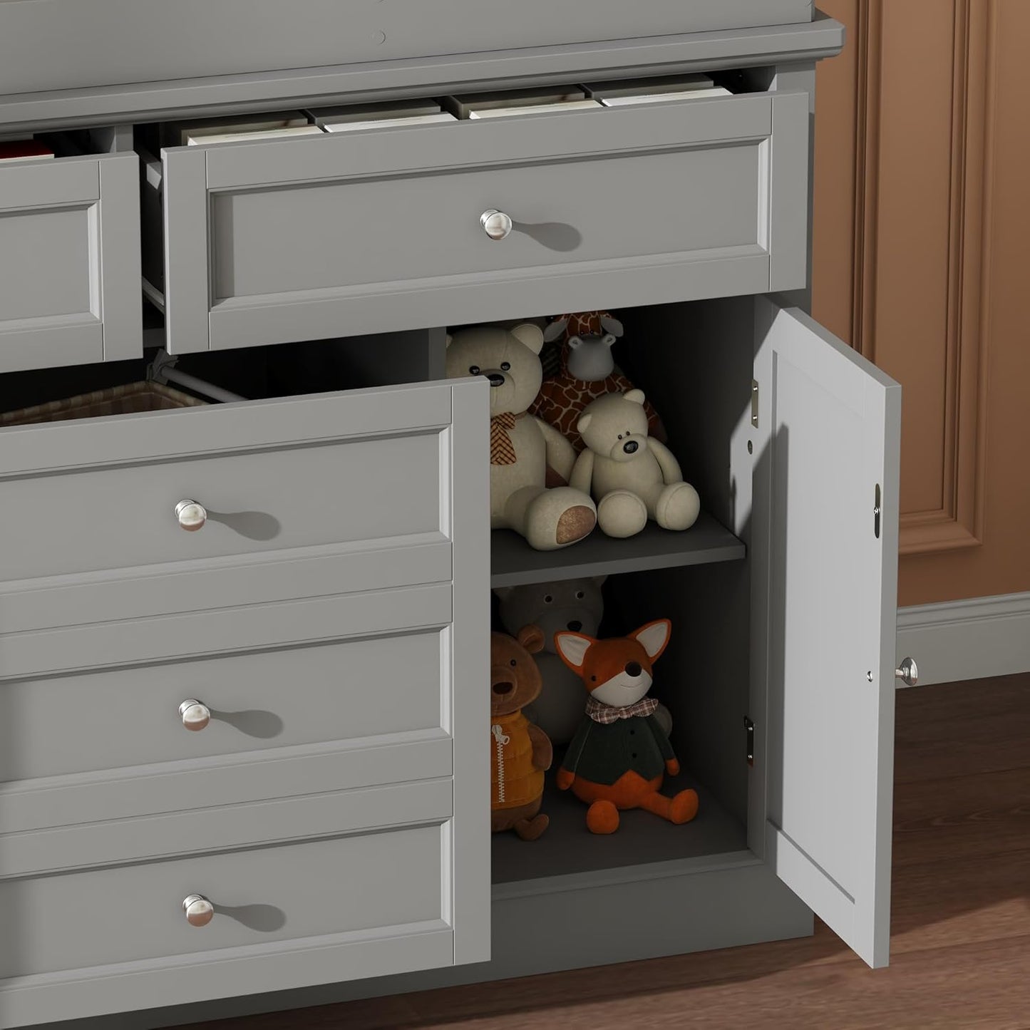 Nursery Dresser with Changing Table Top, 46"W Baby Dresser with 2 Drawers, Laundry Basket & Raised Guard, Infant Diaper Changing Storage Organize Station for Nursery and Baby Bedroom, Grey