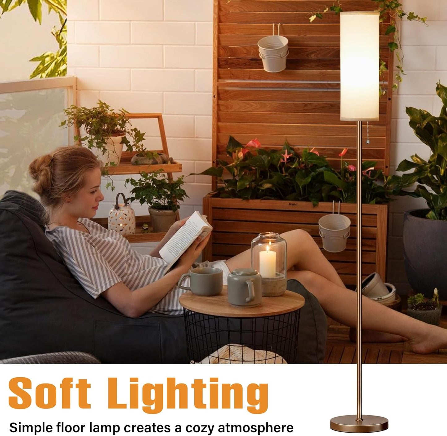 Ambimall Floor Lamp with 3 Color Temperatures Bulb, 64" Standing lamp with Linen lampshade for Bedroom, Minimalist Pole Lamp, White Shade & Brown Pole