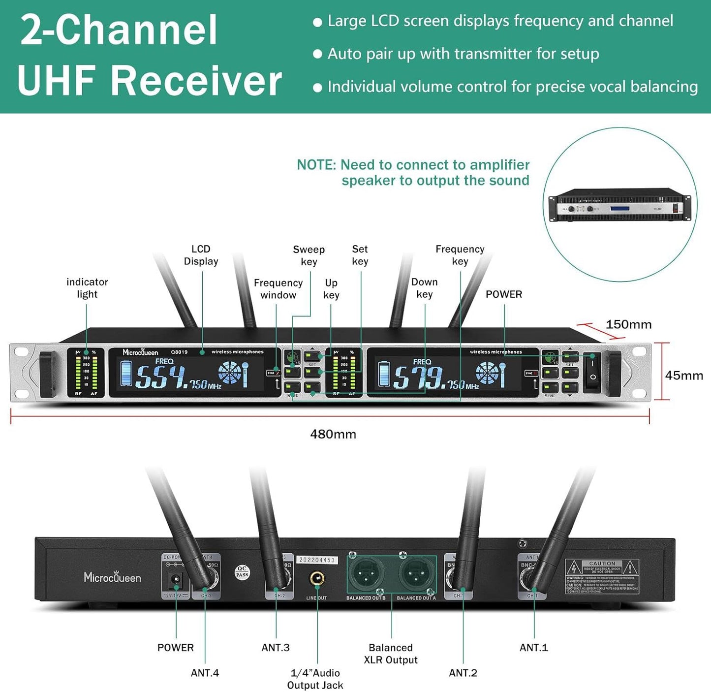 Professional UHF Wireless Microphone System, Dual Channel 530–580MHz with 2 Metal Handheld Mics, Multi-Channel UHF System, 500FT Range, for Karaoke, Meeting, Party