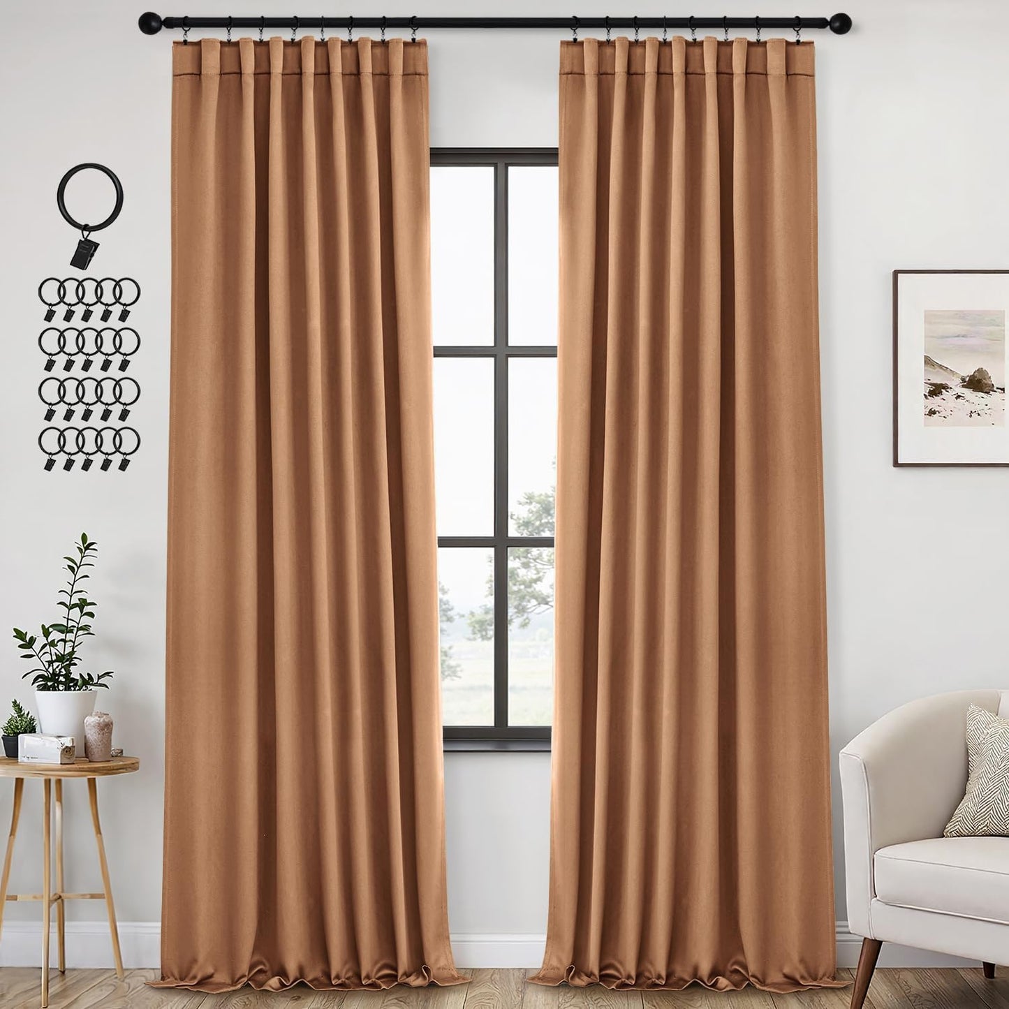 ANRODUO Back Tab Blackout Curtains for Bedroom Living Room, Rod Pocket Pinch Pleated Thermal Insulated Room Darkening Curtains 96 Inches Long 2 Panels, Brown, 42 x 96 Inch