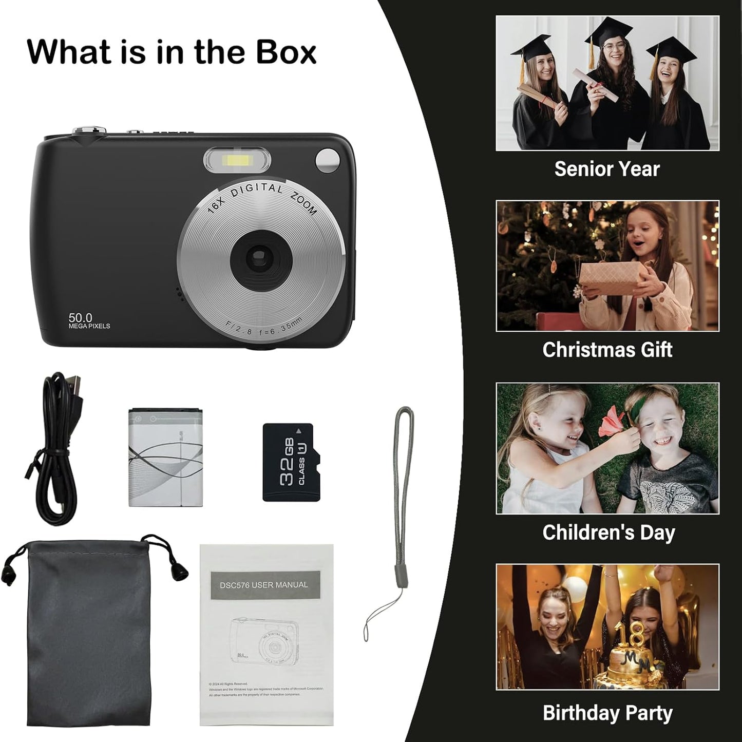 Digital Camera, Kids Cameras for 50MP FHD 1080P, Digital Point and Shoot Camera with 16X Zoom Anti Shake, Compact Small Cameras Gift for Boys Girls Kids, Black