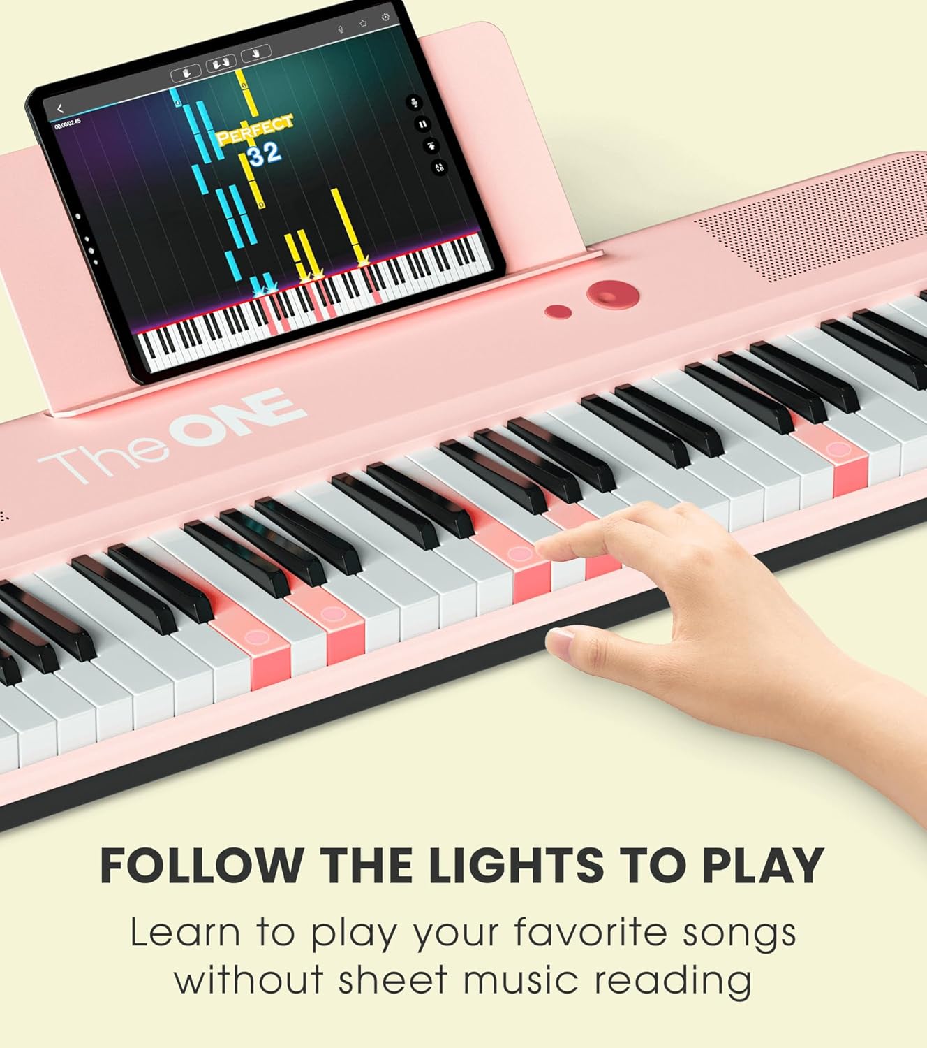The ONE Smart Keyboard COLOR 61 Lighted Keys Piano Keyboard, Digital Piano for Beginners with 256 Tones, 64 Polyphony, Built-in LED Lights and Free Apps (Pink)