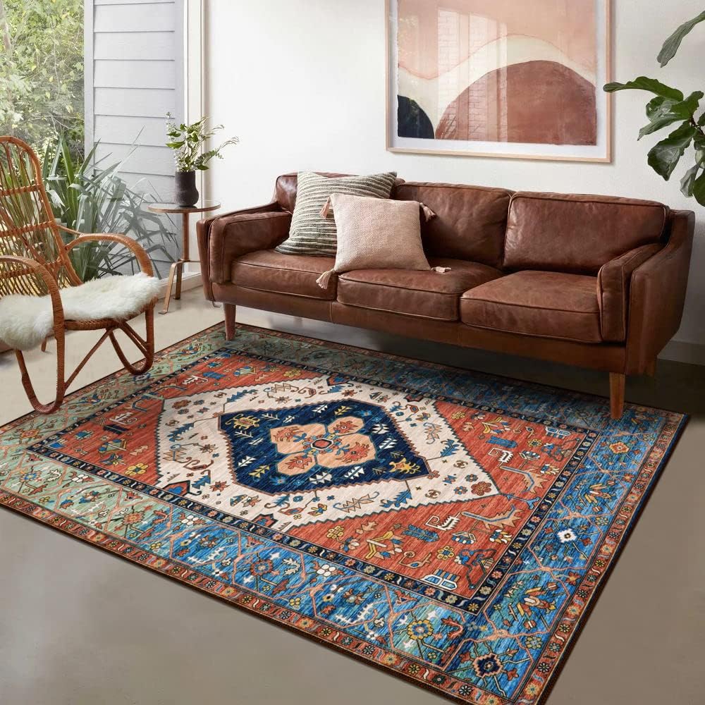 Lahome Boho Rugs for Living Room - 4x6 Area Rug Machine Washable Bedroom Rugs Non-Slip Low-Pile Entryway Carpet Throw Oriental Distressed Kitchen Indoor Floor Carpet for Dining Room Bathroom Office