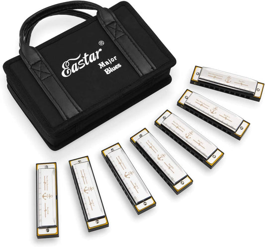 Eastar Major Blues Harmonica Sets 7 Keys Diatonic in Key of C D E F G A Bb for Adults Beginners Students Kids 7-Pack, Carrying Case, Cleaning Cloth