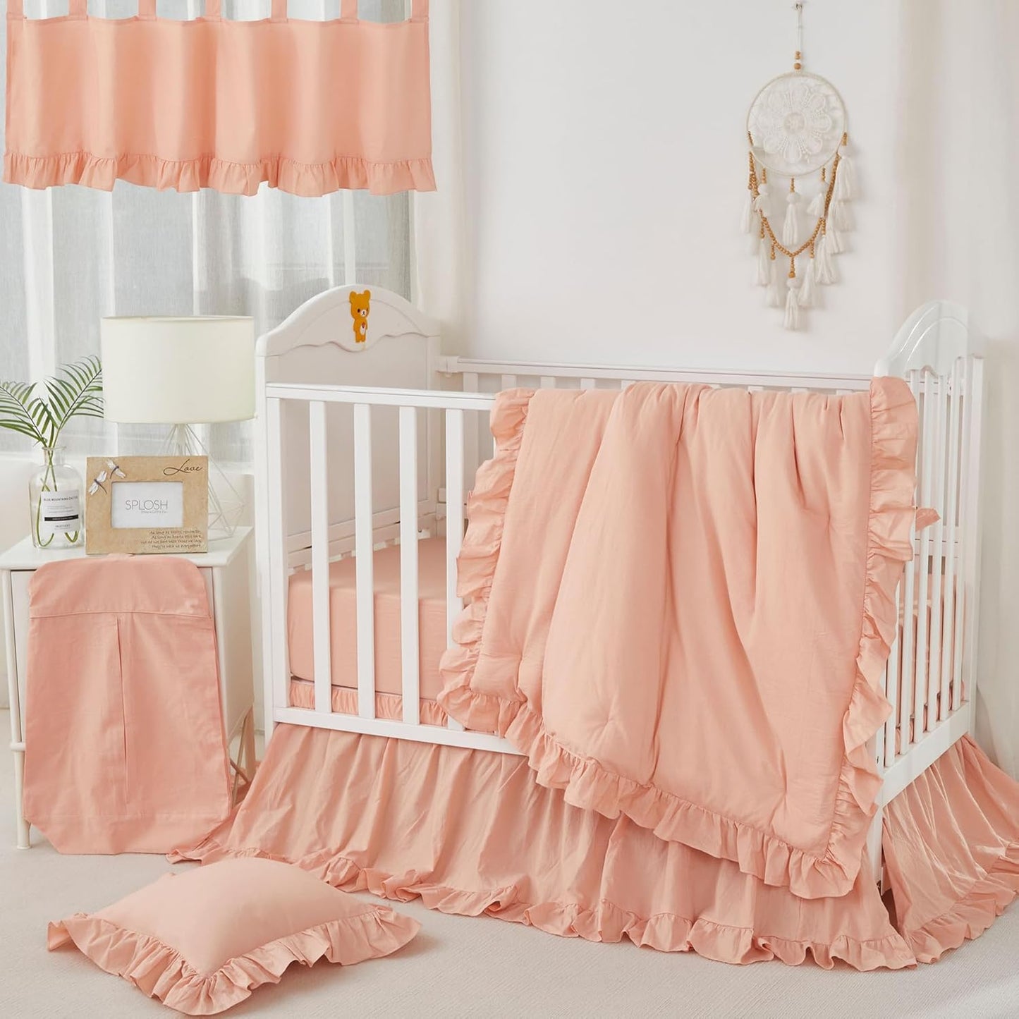 Brandream Baby Crib Bedding Set for Girls Boys Gender Neutral Boho Bohemian Farmhouse Chic Ruffle 6-Piece Nursery Bedding Set - 100% Cotton with Washed Craft Blush Pink Super Soft