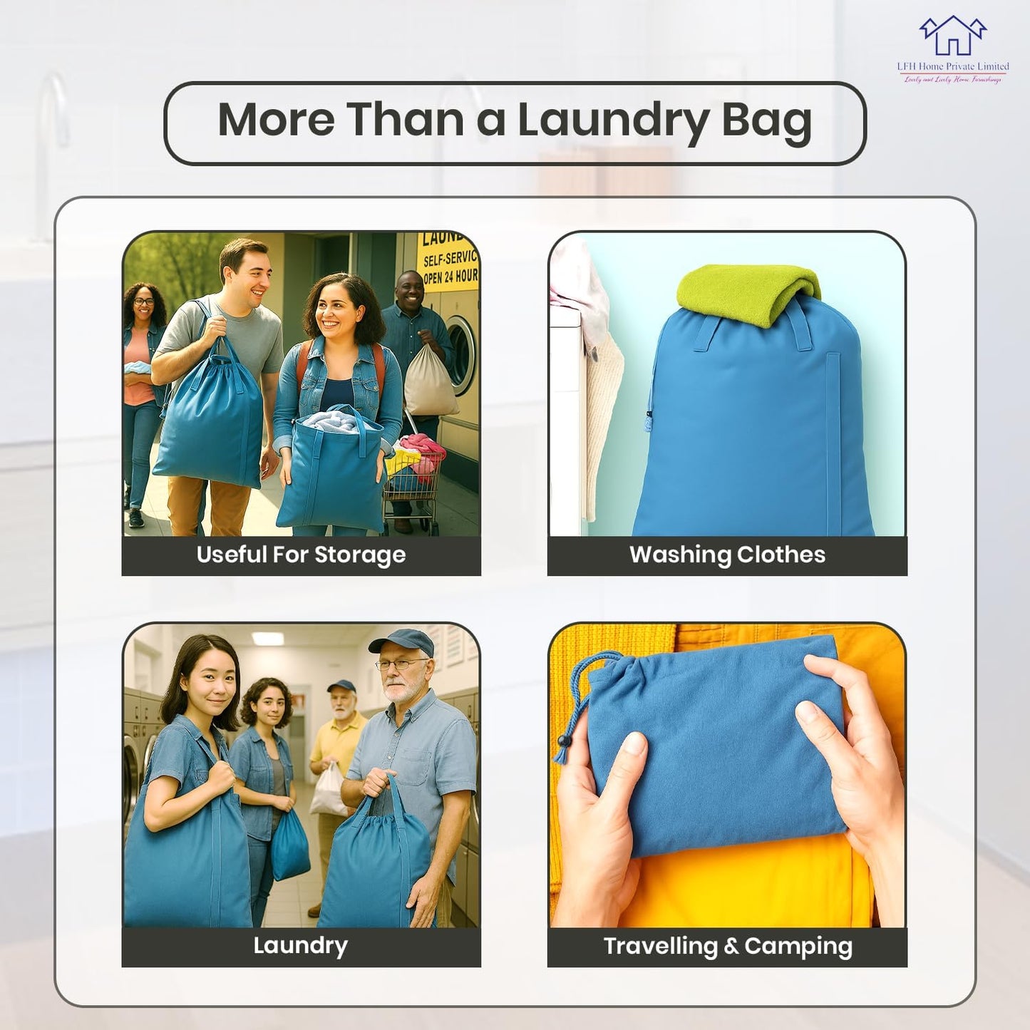 LFH Home Cotton Canvas Large Laundry Bag with Handle, Heavy Duty Drawstring Closure Washable Laundry Bags, School Travel, Home, Hotel, College Dorm, Organizer Sack, Toys Clothes 28x36-Sky Blue