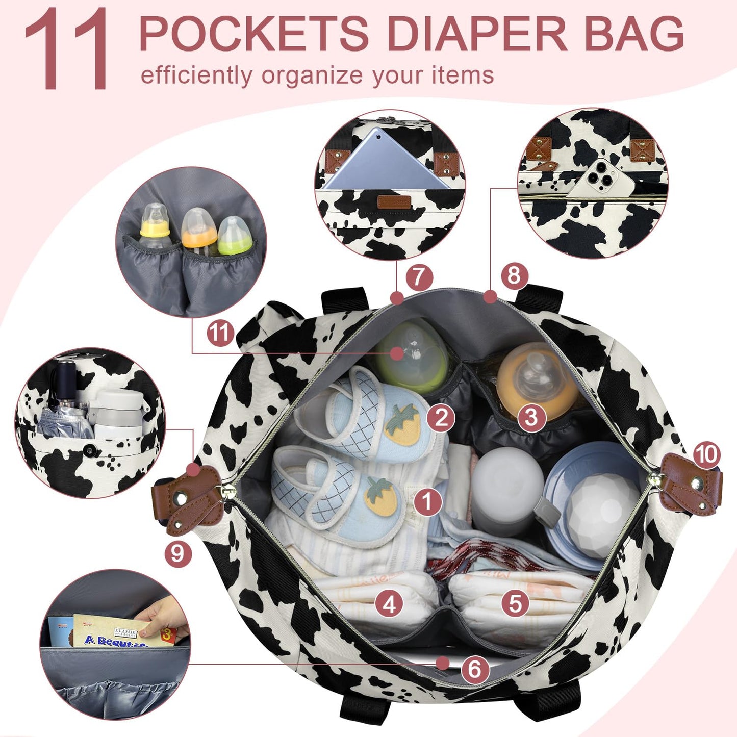 Diaper Bag Tote - Diaper Baby Bags with Pacifier Case, Shoulder Straps, Stroller Clips, Waterproof Large Mommy Maternity Bag Travel Baby Bag for Mom and Dad, Cowprint, Medium