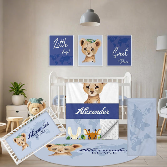 Personalized Baby Crib Bedding Set, 5 Pcs Custom Name Nursery Bedding Set, Deep Blue Leopard Baby Bedding Set for Boys, Double Layer Baby Crib Sets, Customized Gifts for Toddlers Kids Infants