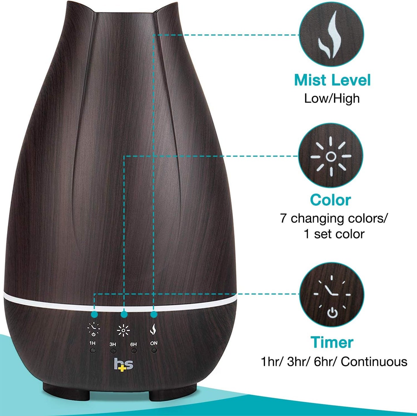 HealthSmart Essential Oil Diffuser, Cool Mist Humidifier and Aromatherapy Diffuser with 500ML Tank Ideal for Large Rooms, Adjustable Timer, Mist Mode and 7 LED Light Colors, Brown (Pack of 2)