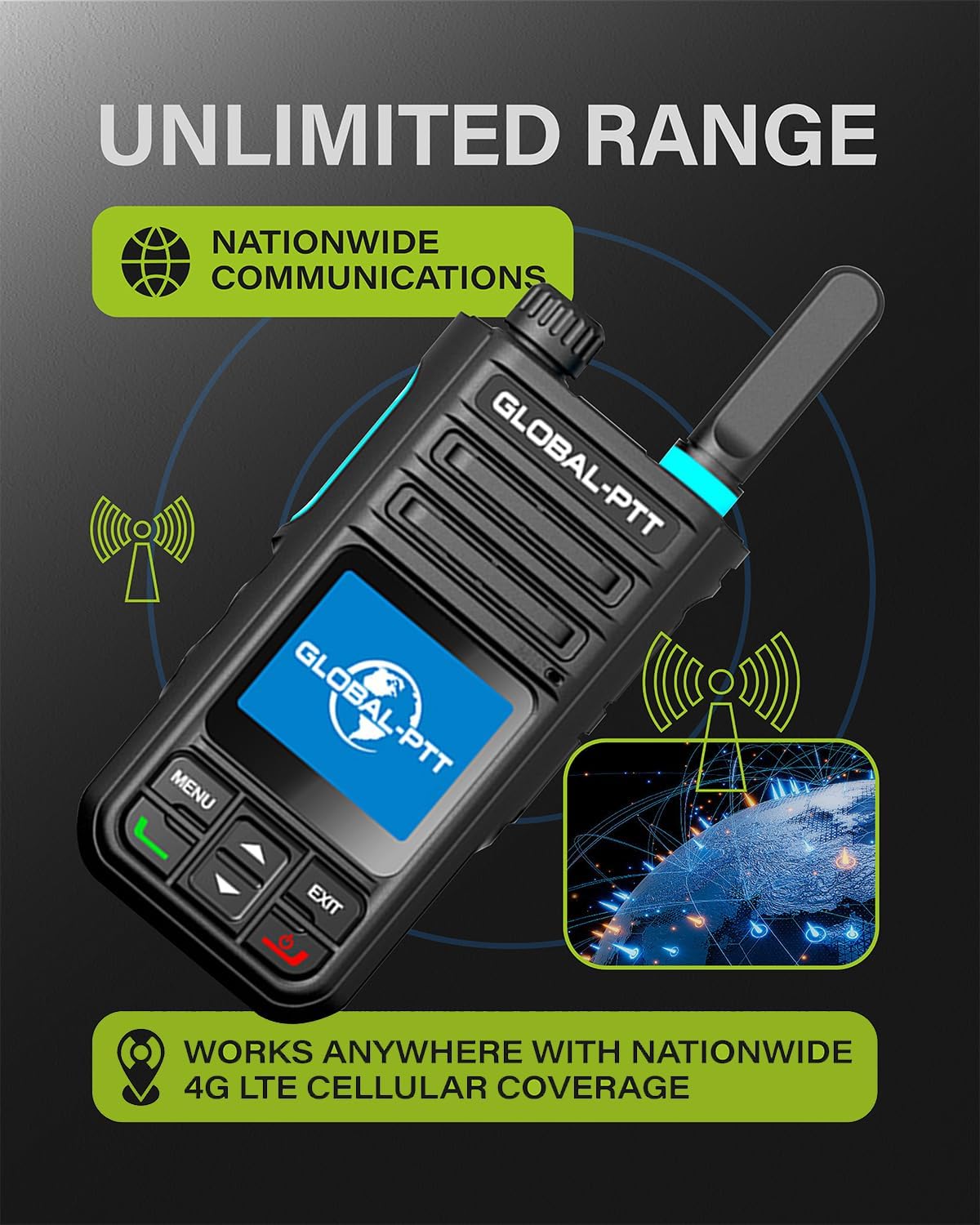 Global-PTT G9 4G LTE Walkie Talkies Nationwide Coverage for Adults and Kids – 2 Pack Unlimited Long Range PoC Radios with Free 1-Year SIM