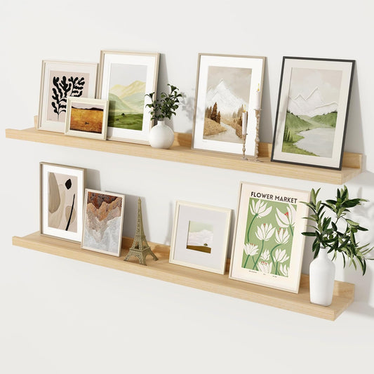 Picture Ledge Shelf, Floating Shelves Set of 2, 48 Inches Long Large Nursery Book Shelves for Toys Storage, Kids Bookshelf Wall Mounted for Living Room Bedroom Decor Books Photo Frames, Natural
