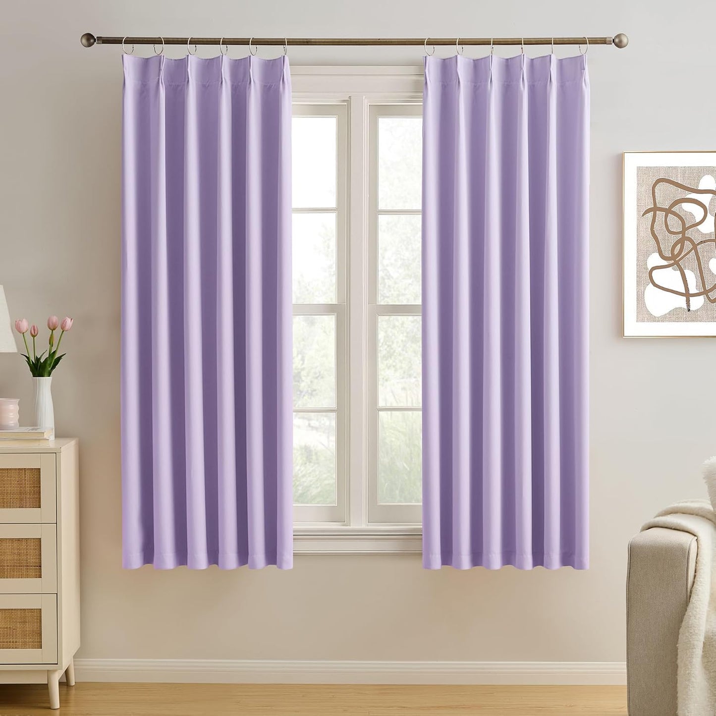 KEQIAOSUOCAI Pinch Pleated Lavender Blackout Curtains 63 Inches Long, Sound & Light Reducing Room Darkening Drape for Girl's Bedroom(Lavender, 2 Panels, W40 x L63)