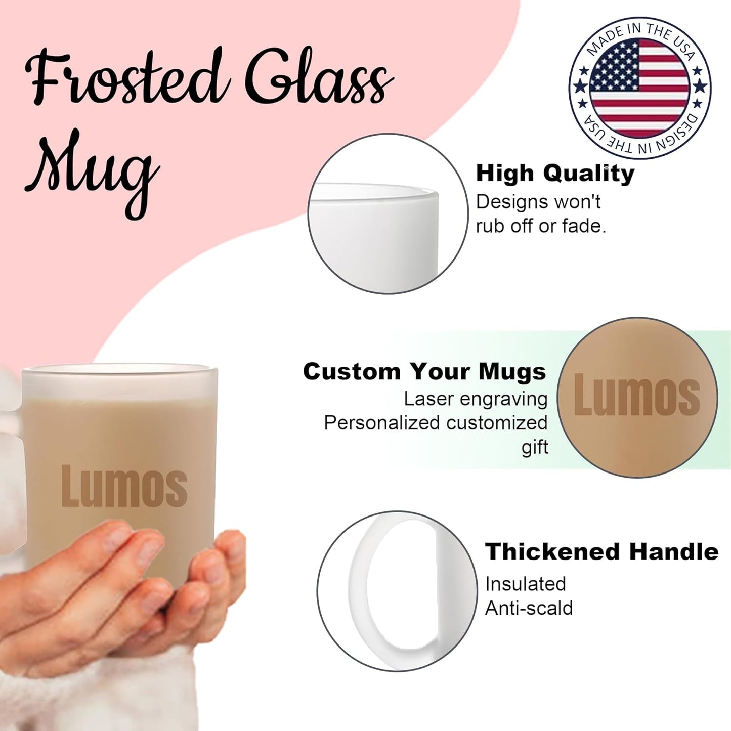 Personalized Coffee Mug Engraved with your Custom Text - Customized 11oz Frosted Glass Mugs, Hot Chocolate Mug, Tea Cup, Birthday Gifts, Retirement Gift (Engraved Custom Text, Frosted)