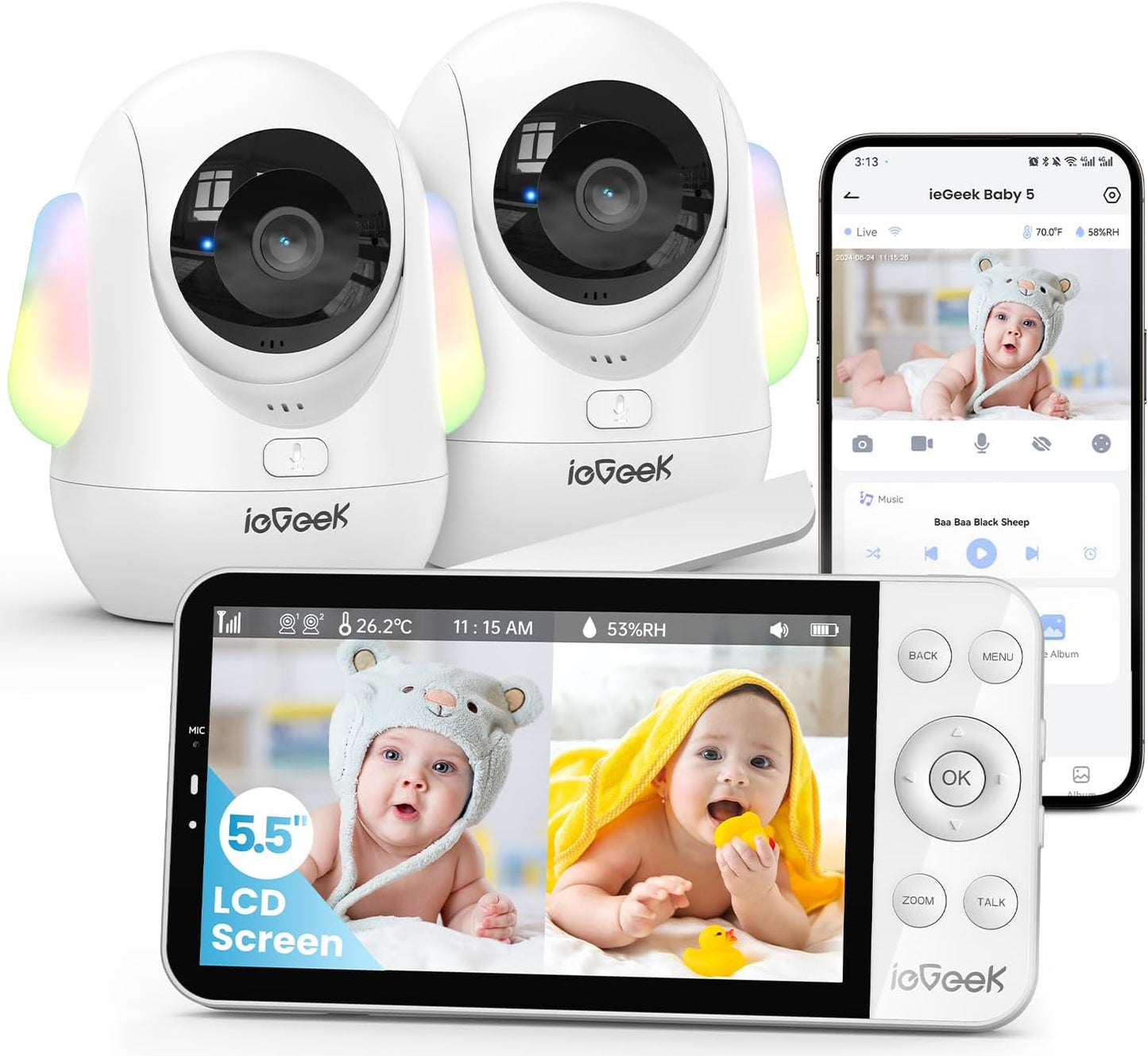 ieGeek 5.5’’ Split-Screen Baby Monitor,2.5K UHD Baby Monitor with 2 Cameras and Audio,Night Light,Prone Sleeping&Cry Detection,Two-Way Talk,Night Vision,2.4G&5Ghz WiFi App Control,4000mAh Battery