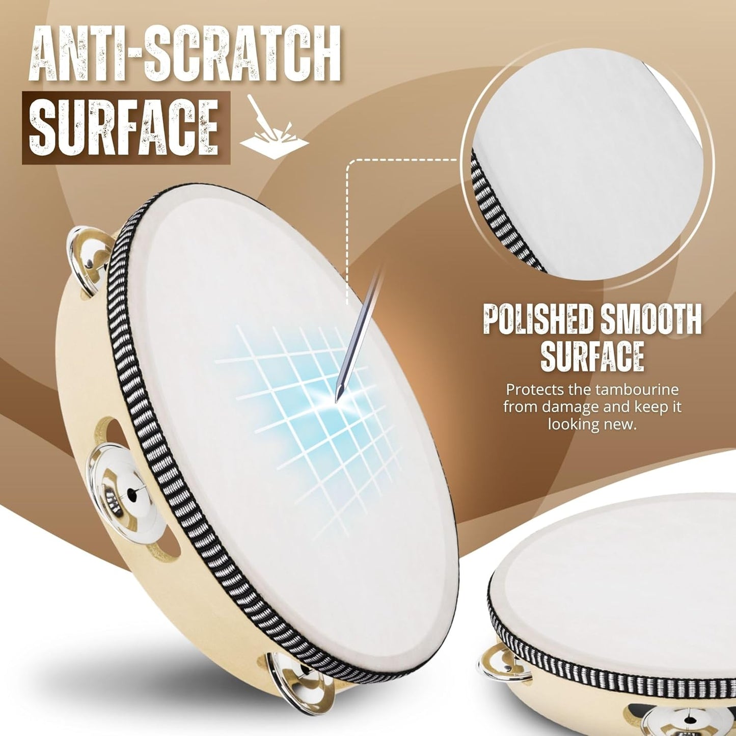 Flexzion Wooden Round Tambourine for Kids and Adults 10" Inch Single Row 8 Pair Jingles, Wood Handheld Percussion Instrument for Beginner and Professional Tambourine Player