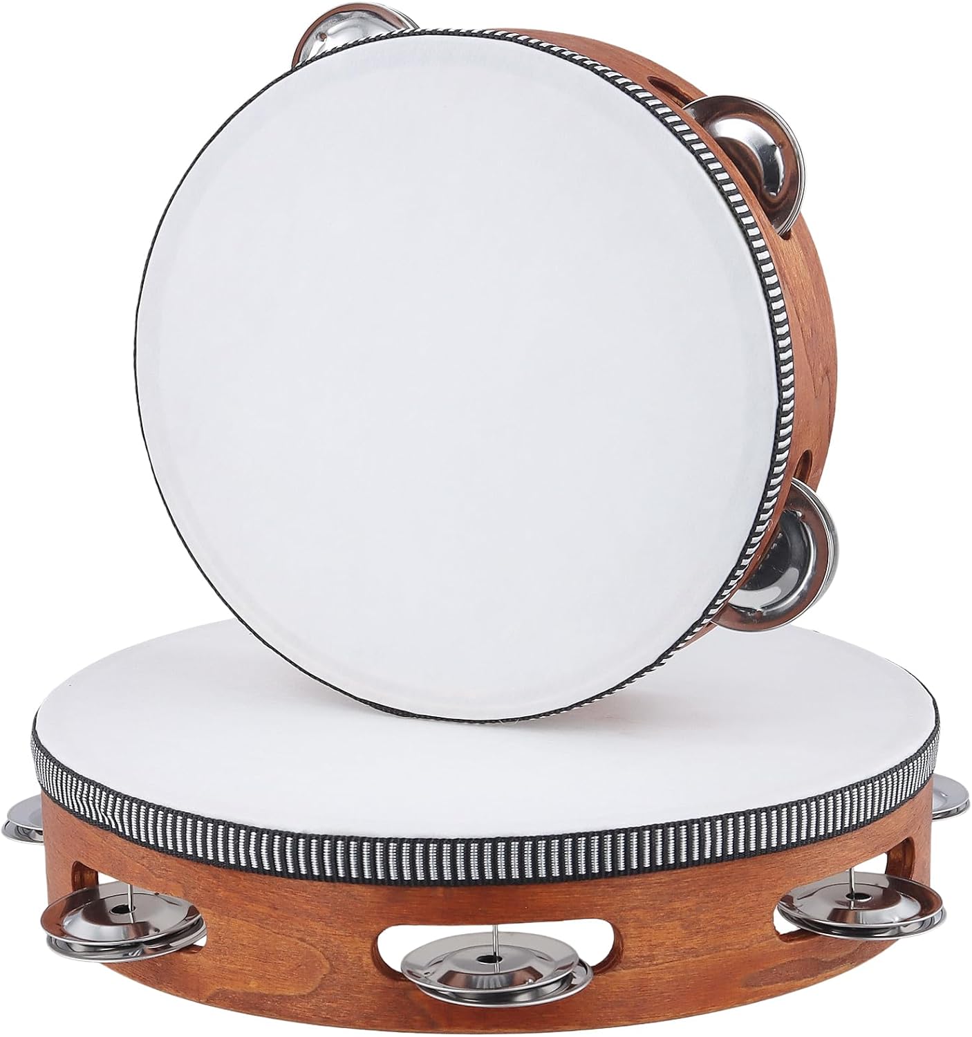 4 PCS 4" 6" 8" 10" Brown Wooden Tambourine, Musical Instrument Tambourine Set, Handheld Drum Bell Metal Jingles Single Row Percussion for Church, KTV, Party, Musical Class