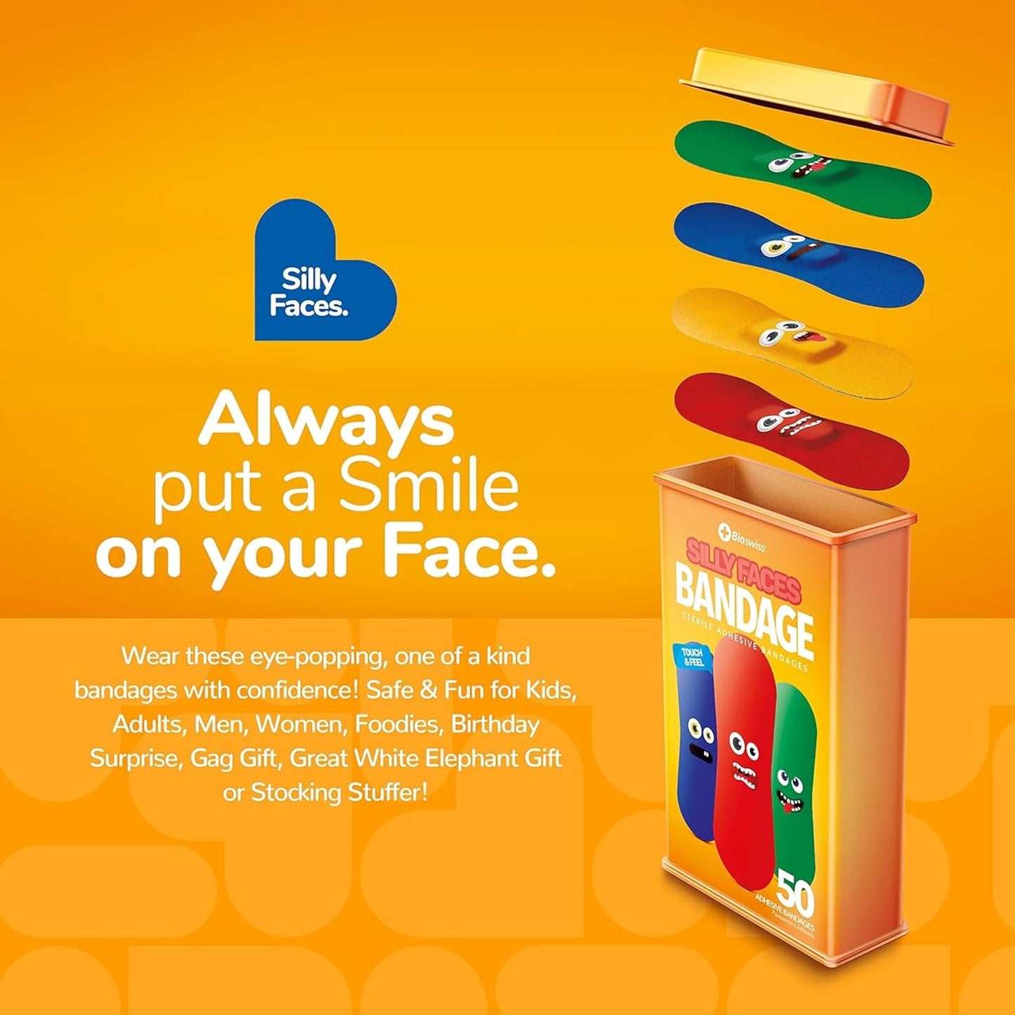 BioSwiss Bandages, Silly Faces Shaped Self Adhesive Bandage, Latex Free Sterile Wound Care, Fun First Aid Kit Supplies for Kids, 50 Count