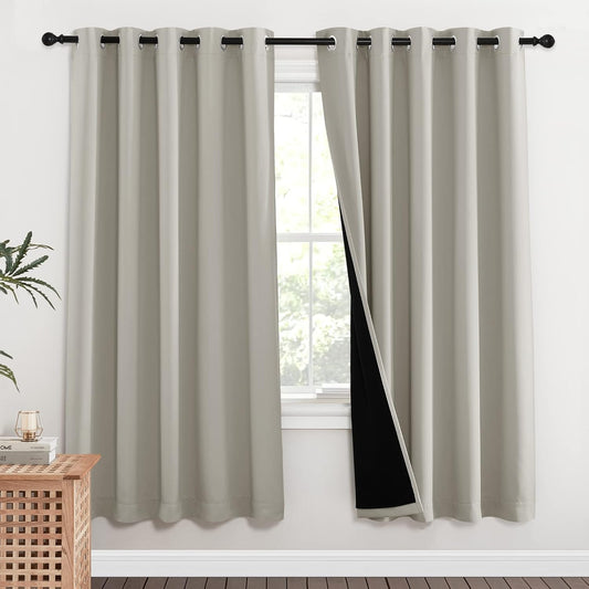 NICETOWN 100% Blackout Window Curtain Panels, Full Light Blocking Drapes with Black Liner for Nursery, 72-inch Drop Thermal Insulated Draperies (Natural, 2 Pieces, 62-inch Wide Per Panel)